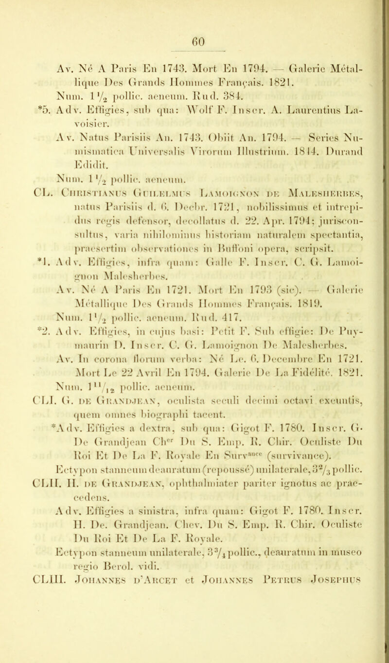 Av. Ne A Paris En 1743. Alort En 1794. — Cinleiae Aletal- liqne Des Grands Jloinines L^ranyais. 1821. Nnin. 1‘/2 pollie. aenenin. Piid. 384. *5. Aclv. Effigies, snl) (pia: \\Olf 1^^. Inser. A. l^anrentins La- voisier. AV. Natns Parisiis An. 1743. ()I)llt An. 1794. — Series Nii- inlsinatlea 1 iilv(‘rsalls \ h()i’nin 1 llnstrliiin. 1814. Dnrand Ivlldlt. Nnin. 1 ‘/2 polln*. aenenin. CE. C'mus'nANrs (IriLKLMrs IiA.Moi(;x('N dh MALKsiiKunKs, natns Parisiis d. 9. D(‘cl)r. 1721, nohlllssliniis et lntre[)l- dns r(*gls d(4*ensor, decollatus d. 22. A]ir. 1794; jnrls<'()n- snltns, varia nlhllonilnns historiam natni-alein spectantia, pr aes(*rtlin ol)servatlon(‘s In Entldnl opera, scripsit. *1. A (1V. Effigl('s, Infra (piam: (lalh* E. Inscr. (1. Eamol- gnon Mal('sli('rl)es. AV. N(* A Earls lOn 1721. Mort K\\ 1793 (sic). — (lalerle M('‘taHl(pie Des (Irands Ilommes Eram/als. 1<81‘). Nnm. 1' .2 pollie. aemmin. Knd. 417. ’‘'2. A d V. Effigies, In cnjns hasl: Petit V. Snh effigh*: De Ihiy- manrln D. Inscr. V. (l. Lamolgnon De Malesherhes. Av. In corona flornm veiha: Ne Le. 9. Deeemhre En 1721. .Moit Le 22 Avrll ICn 1794. (lalerle De J^a Fidellti*. 1821. Nnm. D* 12 [)()llie. aenenin. C'EI. (1. DK (1 KAND.IKAX, (^ciillsta seciill decimi octavi exeuntis, ([liem omnes hiograplii tacent. *Adv. lOrtigies a dextra, snh (pia: (ligot E. 1780. Insci’. (!• De (Irandjean Ch^' Dn S. I0ni[). P. Chir. Ocidlste Dn Pol Et De Ea F. Povale En Snrv'**^® (snrvivance). Ectypon stanneum deanratiim (rejionssf*) unilaterale,3“/;3 pollie. CEII. II. DE (tEvANDJEAn, ophthalmiater pariter ignotus ac prae- cedens. Adv. Effigies a sinistra, infra (piam: (ligot F. 1780. Inscr. II. De. (Irandjean. Chev. Dn S. Enq). P. Chir. Ocnliste Dn Pol Et De Ea F. Poyale. Ectypon stanneum unilaterale, 3^4pollie., (;leaairatnm in museo regio Berol. vidi. CElIl. JoiiANNES d'Ai;cet et Joiiannes I^etrus Josetiius