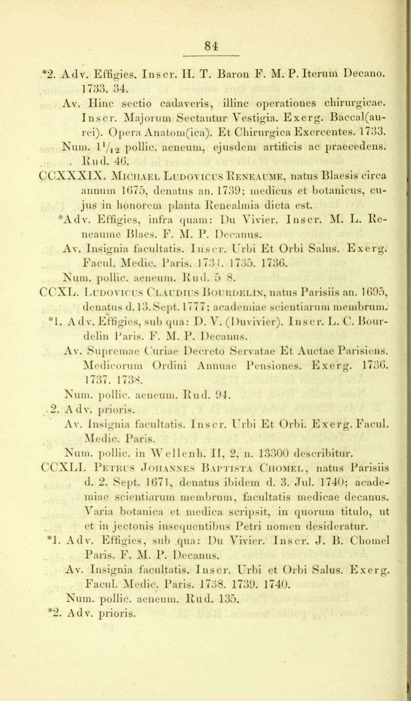 81 *2. Adv. Effigies. Inscr. IT. T. Baron F. M. P. Iterum Decano. 1733. 34. Av. Ilinc sectio cadaveris, illinc operationes chirurgicae. Inscr. Majorum Sectantur Vestigia. Exerg. Baccal(au- rei). Opera Anatom(ica). Et Chirurgica Exercentes. 1733. Num. D/i<2 pollic. aeneum, ejusdem artificis ac praecedens. . Iviid. 4(3. CCXXXIX. Miciiael Ludovicus Beneaume, natus Blaesis circa annum 1675, denatus an. 1739; medicus et botanicus, cu- jus in honorem planta Benealmia dicta est. *Adv. Effigies, infra (piam: l)u Vivier. Inscr. M. L. Ive- neaume Blaes. F. M. P. Decanus. Av. Insignia facultatis. Inscr. l rbi Et Orbi Salus. Exerg. Facul. Medie. Paris. 17.3J. 1735. 1730. Xum. pollic. aeneum. Uud. 5 <S. eeXL. LuDovin s Claudu s Boukdelix, natus Parisiis an. 1695, denatus d. 13.Sept. 1777; academiae scientiaiaim membrum. *1. Adv. Effigies, sui) ipia: D. V. (Duvivier). Inscr. L. C. Bour- delin Paris. F. M. P. Decanus. Av. Supremae Curiae Decreto Servatae Et Auctae Parisiens. Medicorum Ordini Annuae Pensiones. Exerg. 1736. 1737. 173.'^. Xum. pollic. aeneum. Bud. 94. .2. Adv. })rioris. Av. Insignia facultatis. Inscr. Urbi Et Orbi. Exerg. Facul. Medie. Paris. Xum. pollic. in M ellcnh. II, 2, n. 13300 describitur. CCXLI. Petrus Joiiannes Baptista Ciiomel, natus Parisiis d. 2. Sept. 1671, denatus ibidem d. 3. elui. 1740; acade- miae scientiarum membrum, facultatis medicae decanus. Varia botanica et medica scripsit, in (piorum titulo, ut et in jectonis insecpientibus Petri nomen desideratur. *I. Adv. Effigies, sub Cjua: Du Vivier. Inscr. J. B. Chomel Paris. F. M. P. Decanus. - Av. Insignia facultatis. Inscr. Urbi et Orbi Salus. Exerg. Facul. Medie. Paris. 1738. 1739. 1740. Xum. pollic. aeneum. Bud. 135. *2. Adv. prioris.