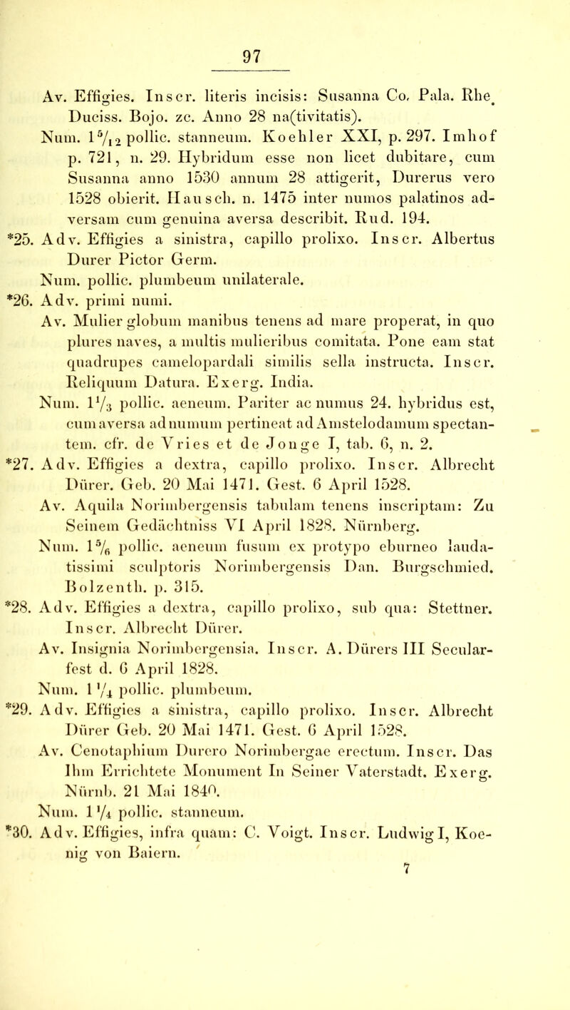 Av. Effigies. Inscr. literis incisis: Snsanna Co, Pala. Rhe^ Duciss. Bojo. zc. Anno 28 na(tivitatis). Num. stanneum. Koehler XXI, p. 297. Imliof p. 721, n. 29. Hybridum esse non licet dubitare, cum Snsanna anno 1530 annum 28 attigerit, Durerus vero 1528 obierit. Ilauscb. n. 1475 inter numos palatinos ad- versam cum genuina aversa describit. Rud. 194. *25. AdV. Effigies a sinistra, capillo prolixo. Inscr. Albertus Durer Pictor Germ. Num. pollic. plumbeum unilaterale. *26. Adv. primi numi. Av. Mulier globum manibus tenens ad mare properat, in quo plures naves, a multis mulieribus comitata. Pone eam stat quadrupes camelopardali similis sella instructa. Inscr. Reliquum Datura. Exerg. India. Num. lY;j pollic. aeneum. Pariter ac numus 24. hybridus est, cum aversa adnumum pertineat ad Amstelodamum spectan- tem. cfr. de Vries et de Jonge I, tab. 6, n. 2. *27. Adv. Effigies a dextra, capillo prolixo. Inscr. Albreclit Durer. Geb. 20 Mai 1471. Gest. 6 April 1528. Av. Aquila Norimbergensis tabulam tenens inscriptam: Zu Seinem Gedaclitniss VI April 1828. Nurnberg. Num. IYb pollic. aeneum fusum ex protypo eburneo lauda- tissimi sculptoris Norimbergensis Dan. Burgschmied. Bolzentb. p. 315. *28. Adv. Effigies a dextra, capillo prolixo, sub qua: Stettner. Inscr. Albreclit Diirer. Av. Insignia Norimbergensin. Inscr. A.DiirersIII Secular- fest d. G April 1828. Num. 1 '/4 pollic. plumbeum. *29. Adv. Effigies a sinistra, capillo prolixo. Inscr. Albrecht Durer Geb. 20 Mai 1471. Gest. G April 1528. Av. Cenotaiibium Durero Norimbergae erectum. Inscr. Das Ibm Erriclitete Monument In Seiner Vaterstadt. Exerg. Nurnl). 21 Mai 184^^. Num. 1 '/4 pollic. stanneum. ’30. AdV. Effigies, infra quam: C. Voigt. Inscr. LudvvigI, Koe- nig von Baiern. 7