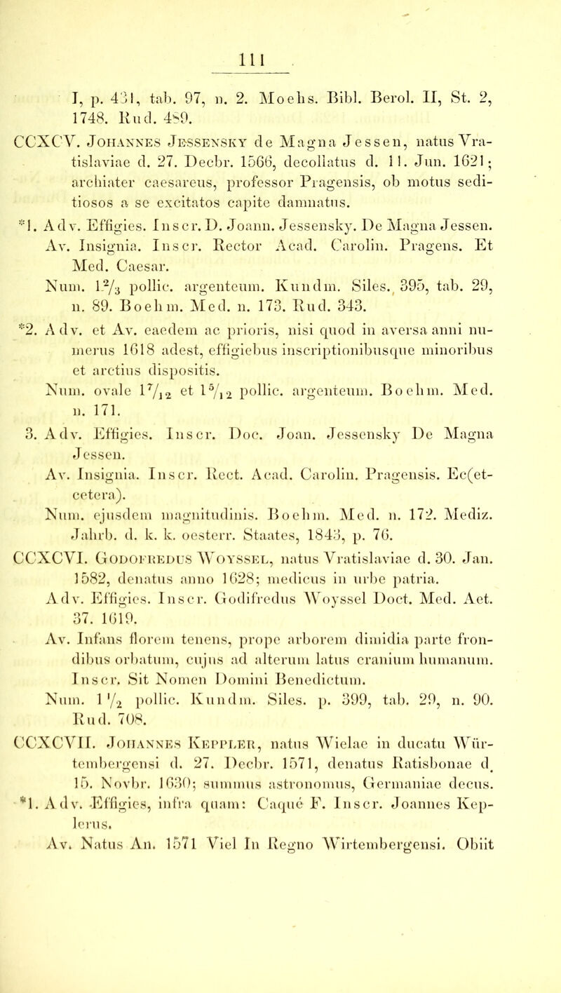 lll I, p. 43!, tab. 97, n. 2. Moelis. Bibi. Berol. II, St. 2, 1748. liud. 4S9. CCXCV. JoHAXNES Je-ssensky de Magna Jessen, natus Vra- tislaviae d. 27. Decbr. 15G6, decoiiatns d. 11. Jun. 1621; archiater caesareus, professor Pragensis, ob motus sedi- tiosos a se excitatos capite damnatus. 1. Adv. Effigies. Inscr. D. Joann. Jessensky. De Magna Jessen. Av. Insii2:nia. Inscr. Rector Acad. Carolin. Pragens. Et Med. Caesar. Num. 1,^3 pollic. argenteum. Kundm. Siles., 395, tab. 29, n. 89. Boelim. Med. n. 173. Rud. 343. *2. Adv. et Av. eaedem ac prioris, nisi cpiod in aversa anni nu- meiais 1618 adest, effigiebus inscriptionibuscpie minoribus et arctius dispositis. Num. ovale lVj2 ^1^ lVi2 poHic. argenteum. Boelim. Med. n. 171. 3. Adv. Effigies. Inscr. Doc. Joan. Jessensky De Magna J essen. Av. Insignia. Inscr. Rcct. Acad. Carolin. Pragensis. Ec(et- cetera). Num. ejusdem magnitudinis. Boelim. Med. n. 172. Mediz. Jabrb. d. k. k. oesterr. Staates, 1843, p. 76. CCXCVI. Godofuedus M oyssel, natus Vratislaviae d. 30. Jan. 1582, dcnatus anno 1628; medicus in urbe patria. Adv. Effigies. Inscr. Godifredus Woyssel Doct. Aled. Aet. 37. 1619. Av. Infans florem tenens, prope arborem dimidia parte fron- dilnis orliatuin, cujus ad alterum latus cranium humanum. Inscr. Sit Nomen Domini Benedictum. Num. 1'/2 polbc. Kundm. Siles, p. 399, tab. 29, n. 90. Rud. 708. CCXCVII. JoiiANNES Keppler, natus Wielae in ducatu Wur- tembergensl d. 27. Declir. 1571, denatus Ratisbonae d^ 16. Novbr. 1630; summus astronomiis, Germaniae decus. “^l. Adv. ‘Effigies, infra quam: Caque F. Inscr. Joannes Kep- lerus. Av. Natus An. I57l Viel In Regno Wirtembergensi. Obiit