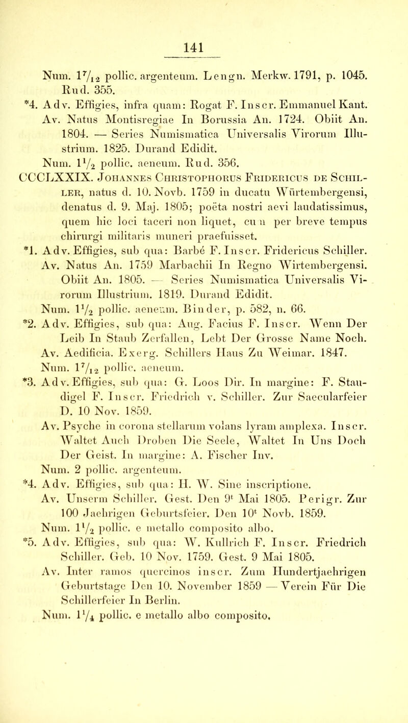 Num. lVi2 pollic. argenteum. Lengn. Merkw. 1791, p. 1045. Kiicl. 355. ^4, Adv. Effigies, infra quam: Rogat F. Inscr. Emmanuel Kant. Av. Natus Montisregiae In Borussia An. 1724. Obiit An. 1804. — Series Numisinatica Universalis Virorum Illu- strium. 1825. Durand Edidit. Num. U/2 pollic. aeneum. Rud. 356. CCCLXXIX. JOHANNES Christophorus Eridericus de Schil- LER, natus d. 10. Novb. 1759 in ducatu Wurtembergensi, denatus d. 9. Maj. 1805; poeta nostri aevi laudatissimus, quem hic loci taceri non liquet, cu 11 per breve tempus chirurgi militaris muneri praefuisset. *1. Adv. Effigies, sub qua: Barbe E. Inscr. Eridericus Scbiller. Av. Natus An. 1759 Marbachii In Regno Wirtembergensi. Obiit An. 1805. — Series Numisinatica Universalis Vi- rorum Illustrium. 1819. Durand Edidit. Num. IY2 pollic. aeneum. Binder, p. 582, n. 66. *2. Adv. Effigies, sub qua: Aug. Eacius F. Inscr. Wenn Der Leib In Staub Zerfallcn, Lebt Der Grosse Name Noch. Av. Aedificia. Exerg. Schlllers Ilaus Zu Weiinar. 1847. Num. U/12 pollic. aeneum. *3. Ad V. Effigies, sub (jua: G. Eoos Dir. In margine: F. Stau- digel F. Inscr. Friedricli v. vSchiller. Zur Saecularfeier D. 10 Nov. 1859. Av. Psyche in corona stellarum volans lyram amplexa. Inscr. Waltet Auch Droben Die Seele, Waltet In Uns Doch Der Geist. In margine: A. Fischer Inv. Num. 2 pollic. argenteum. M. Adv. Effigies, siib qua: II. W. Sine inscriptione. Av. Unserm Scbiller. Gest. Den 9^ Mai 1805. Perigr. Zur 100 daehrigen Geburtsfeier. Den 10‘ Novb. 1859. Num. U/2 pollic. e metallo composito albo. *^5. Adv. Effigies, sui) qua: AV. Kullrich F. Inscr. Friedricli Scbiller. Geb. 10 Nov. 1759. Gest. 9 Mai 1805. Av. Inter ramos quercinos inscr. Zum Hundertjaehrigen Geburtstage Den 10. November 1859 —Verein Fiir Die Schillerfeier In Berlin. Num. U/4 pollic, e metallo albo composito.