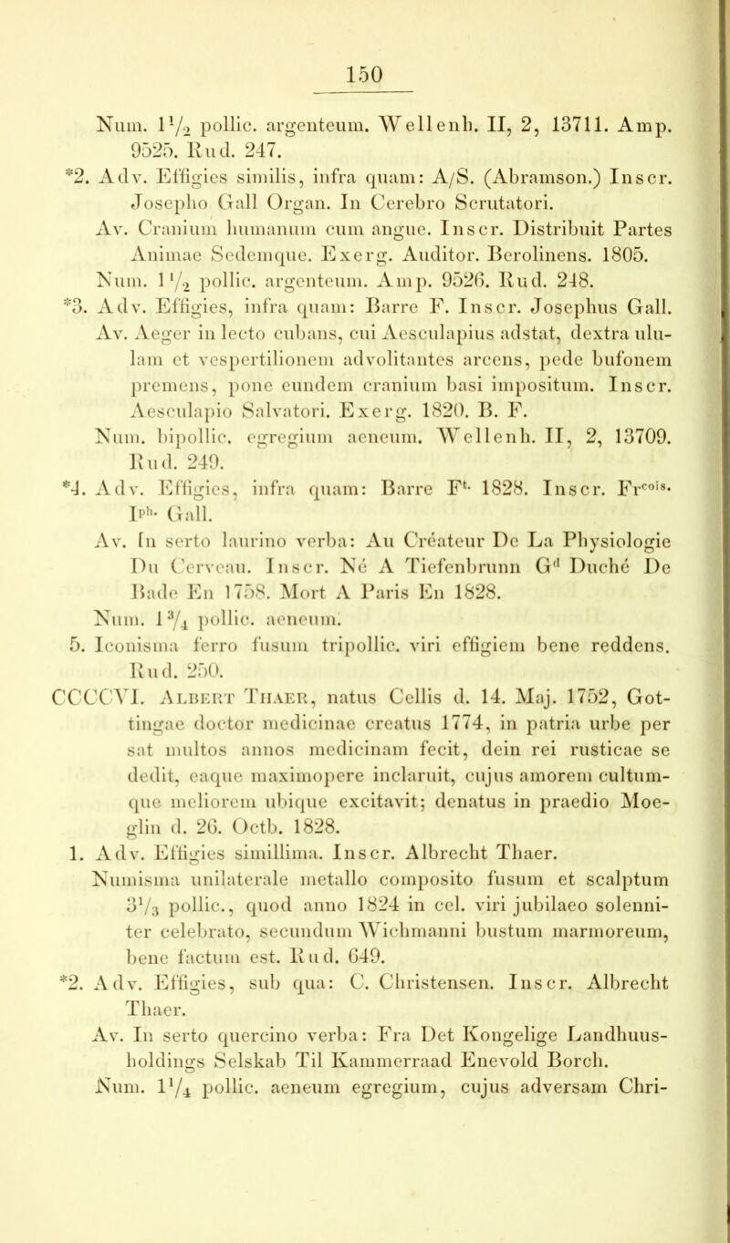 Niiin. 172 pollic. argeiiteiiiii. Welleiili. II, 2, 13711. Amp. 9525. Rii a. 247.' *2. Adv. Effigies similis, infra cpiam: A/S. (Abramson.) Inscr. Joseplio Gall Organ. In Cerebro Scrutatori. Av. Cranium liumanum cum angue. Inscr. Distribuit Partes Animae Sedemque. Exerg. Auditor. Berolinens. 1805. Eum. 1'/.) pollic. argenteum. Amp. 9520. Ivud. 248. *3. Adv. Effigies, infra quam: Barre E. Inscr. Josephus Gall. Av. Aeger in lecto cu])ans, cui Aesculapius adstat, dextra ulu- lam et vespertilionem advolitantes arcens, pede bufonem premens, pone eundem cranium basi impositum. Inscr. Aesculai)io Salvatori. Exerg. 1820. B. E. Num. bipollic. egregium aeneum. Wellenli. II, 2, 13709. Bud. 249. s. ‘4. Adv. Effigies, infra quam: Barre F*- 1828. Inscr. Fr^®' Ii'»’* Gall. Av. fn serto laurino verba: Au Createur De Ea Pbysiologie Du (,'erveau. Inscr. Ne A Tiefenlumnii G*’ Duclie I)c Bade En 1758. Mort A Paris En 1828. Num. 174 pollic. aeneum! 5. Iconisma ferro fusum tripolllc. viri effigiem bene reddens. Knd. 250. CCCCVI. Albekt Tiiaeu, natus Cellis d. 14. Maj. 1752, Got- tingae doctor medicinae creatus 1774, in patria urbe per sat multos annos medicinam fecit, dein rei rusticae se dedit, caque maximopere inclaruit, cujus amorem cultum- que meliorem ubique excitavit; denatus in praedio Moe- glin d. 20. Octb. 1828. 1. Adv. Effiii:ies simillima. Inscr. Albreclit Thaer. Numisma unilaterale metallo composito fusum et scalptum 3V3 pollic., quod anno 1824 in cel. viri jubilaeo solenni- ter celebrato, secundum Wicbmanni bustum marmoreum, bene factum est. Bud. 649. *2. Adv. Effigies, sub qua: C. Cliristeiisen. Inscr. Albreclit Thaer. Av. In serto quercino verba: Fra Det Kongelige Landhuus- boldiims Selskab Til Kammerraad Enevold Borcli. O Num. 174 pollic. aeneum egregium, cujus adversam Chri-
