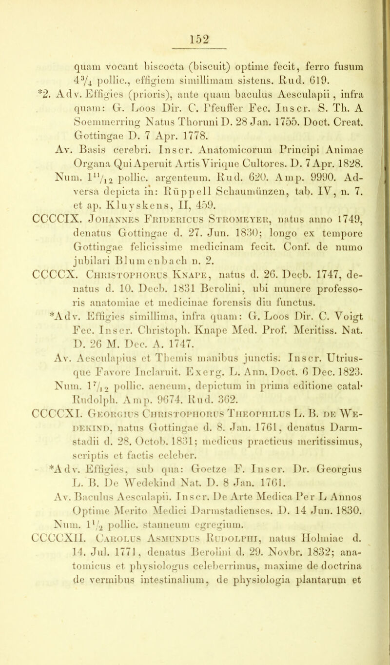 quam vocant blscocta (biscuit) optime fecit, ferro fusum 4^4 pollic., effigiem simillimam sistens. Rud. Gl9. '^2. Adv. Effigies (prioris), ante quam baculus Aesculapii, infra quam: G. Loos Dir. C. rfeufter Fec. Iiiscr. S. Tli. A Soemmerriug Natus Thoruiii 1). 28 Jan. 1755. Doct. Creat. Gottiugae I). 7 Apr. 1778. Av. Basis cerebri. Inscr. Anatomicorum Principi Animae Organa Qui Aperuit Artis Virique Cultores, l). 7 Apr. 1828. Num. pollic. argenteum. Rud. G20. Amp. 9990. Ad- versa depicta in: Ruppell Scbaumunzen, tab. IV, n. 7. et ap. Kluyskens, II, 459. CCCCIX. JoiiANNES Fuidericus Stromeyei:, natus anno 1749, denatus Gottiugae d. 27. Jun. 1830; longo ex tempore Gottiimac felicissime medicinam fecit. Conf. de mimo O jubilari Blumcnbacb n. 2. CCCCX. CiiRiSTOPiiORUS Knare, natus d. 2G. Decb. 1747, de- iiatus d. 10. Decb. 1831 Bcrolini, ul)i munere professo- ris anatomiae et medicinae forensis diu functus. *Adv. Effigies simillima, infra quam: G. Loos Dir. C. Voigt Fec. Inscr. Cbristopb. Knape Med. Prof. Meritiss. Nat. D. 2G M. Dcc. A. 1747. Av. Aesculapius ct Themis manilms junctis. Inscr. Utrius- que Favore Inclaruit. Exerg. L. Ann. Doct. G I)ec. 1823. Num. D j o [)oHic. aeneum, depictum in piima editione catal* Rudol[)h. Ani[). 9G74. Rud. 3G2. CCCCXI. GeORGIUS CllRvISTORIIOR.ES TTieortiilus \j. B. de We- DEKIND, natus Gottiugae d. 8. Jan. 17G1, denatus Darm- stadii d. 28. Octob. 1831; medicus practicus meritissimus, scriptis ct factis celeber. *Adv. Effigies, sui) qua: Goetze F. Inscr. l)r. Georgius L. B. De AVedekind Nat. D. 8 Jan. 17G1. Av. Baculus Aesculapii. I nscr. De Arte Aledica Per L Annos Optime Merito Medici Darmstadienses. D. 14 Jun. 1830. Num. D/h pollic. stanneum egregium. CCCCXII. Carolus Asmuxdus Redolriii, natus Ilolmiae d. 14. Jul. 1771, denatus Berolini d. 29. Novbr. 1832; ana- tomicus et physiologiis celeberrimus, maxime de doctrina de vermibus intestinalium, de physiologia plantarum et