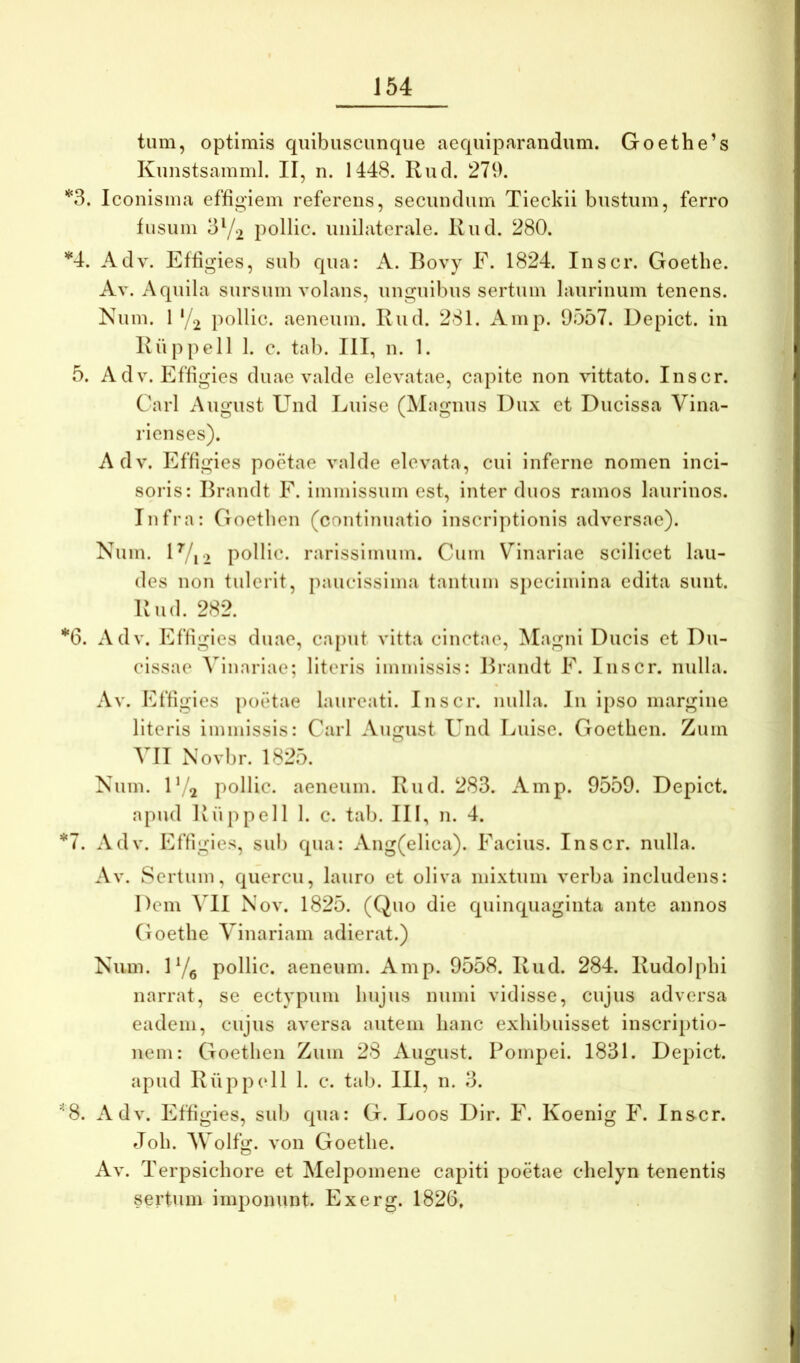 tum, optimis quibiiscunque aequiparandum. Goethe’s Kunstsamml. II, n. 1448. Rud. 279. *3. Iconisma effigiem referens, secundum Tieckii bustum, ferro fusum 372 pollic. unilaterale. Rud. 280. *^4. Adv. Effigies, sub qua: A. Bovy F. 1824. Inscr. Goetbe. Av. Aquila sursum volans, nngnibus sertum laurinum tenens. Kum. 1 '/2 pollic. aeneum. Rud. 281. Ainp. 9557. Depict. in Ruppell 1. c. tab. III, n. 1. 5. Adv. Effigies duae valde elevatae, capite non vittato. Inscr. Cari August Und Luise (M, ignus Dux et Ducissa Vina- rienses). Adv, Effigies poetae valde elevata, cui inferne nomen inci- soris: Brandt F. immissum est, inter duos ramos laurinos. Infra: Goetben (continuatio inscriptionis adversae). Num. IV12 pollic. rarissimum. Cum Vinariae scilicet lau- des non tulerit, paucissima tantum specimina edita sunt. Rud. 282. *6. Adv. Effigies duae, caput vitta cinctae, ^lagni Ducis et Du- cissae Vinariae; literis immissis: Brandt F. Inscr. nulla. Av. Effigies poetae laureati. Inscr. nulla. In ipso margine literis immissis: Cari August Und Luise. Goetlien. Zum VII Novbr. 1825. Num. D/2 pollic. aeneum. Rud. 283. Amp. 9559. Depict. apud Ruppell 1. c. tab. III, n. 4. *7. Adv. Effigies, sub qua: Ang(elica). Facius. Inscr. nidla. Av. Sertum, quercu, lauro et oliva mixtum verba includens: Dem VII Nov. 1825. (Quo die quinquaginta ante annos Goetbe Vinariam adierat.) Num. D/g pollic. aeneum. Amp. 9558. Rud. 284. Rudolpbi narrat, se ectypum bnjus numi vidisse, cujus adversa eadem, cujus aversa autem banc exhibuisset inscriptio- nem: Goetben Zum 28 August. Pompei. 1831. Depict. apud Rupp(*ll 1. c. tab. III, n. 3. '*‘8. Adv. Effigies, sub qua: G. Loos Dir. F. Koenig F. Inscr. Job. AVolfg. von Goetbe. Av. Terpsichore et Melpomene capiti poetae cbelyn tenentis sertum imponunt. Exerg. 1826.