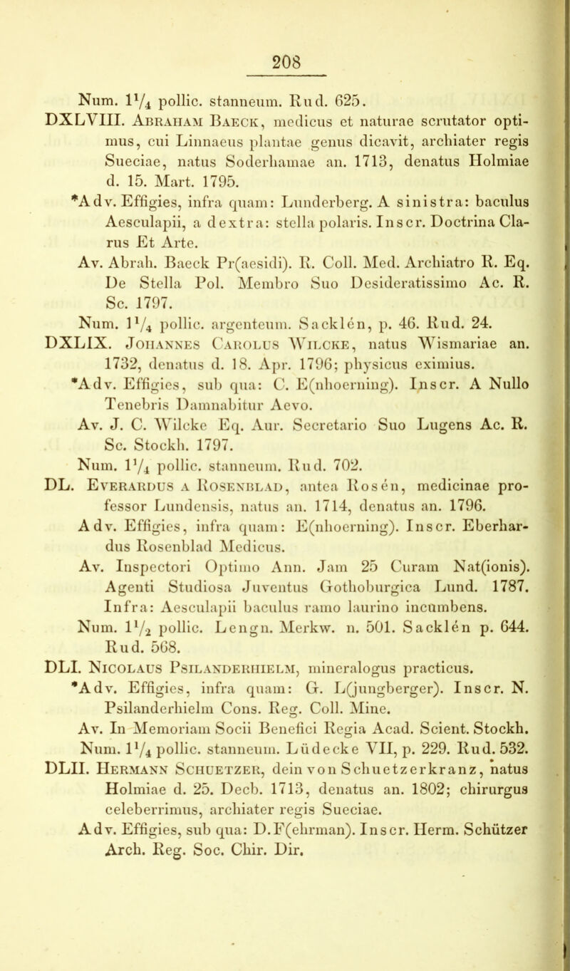 Num. ly^ pollic. stanneum. l\ud. 625. DXLVIII. Abraiiam Baecic, medicus et naturae scrutator opti- mus, cui Linnaeus plantae genus dicavit, archiater regis Sueciae, natus Soderhamae an. 1713, denatus Holmiae d. 15. Mart. 1795. *Adv. Effigies, infra cpiam: Lunderberg. A sinistra: baculus Aesculapii, a dextra: stella polaris. Inscr. Doctrina Cla- rus Et Arte. Av. Abrali. Baeck Pr(aesidi). li. Coli. Med. Archiatro R. Eq. De Stella Pol. Membro Suo Desideratissimo Ac. R. Sc. 1797. Num. D/4 pollic. argenteum. Sacklcn, p. 46. Rud. 24. DXLIX. JoiiANNES Carolus Wilcke, natus Wismariae an. 1732, denatus d. 18. Apr. 1796; physicus eximius. ^Adv. Effigies, sub qua: C. E(nhoerning). Inscr. A Nullo Tenebris Damnabitur Aevo. Av. J. C. AVilcke Eq. Aur. Secretario Suo Lugens Ac. R. Sc. Stockh. 1797. Num. D/4 pollic. stanneum. Rud. 702. DL. Everardus a Rosexblad, antea Ros en, medicinae pro- fessor Lundensis, natus an. 1714, denatus an. 1796. Adv. Effigies, infra quam: E(nhoerning). Inscr. Eberhar- dus Rosenblad Medicus. Av. Inspectori Optimo Ann. Jam 25 Curam Nat(ionis). Agenti Studiosa Juventus Gothoburgica Lund. 1787. Infra: Aesculapii baculus ramo laurino incumbens. Num. D/2 pollic. Lengn. Merkw. n. 501. Sacklen p. 644. Rud. 568. DLI. Nicolaus Psilaxderiiielm, mineralogus practicus. *Adv. Effigies, infra quam: G. LQungberger). Inscr. N. Psilanderhielm Cons. Reg. Coli. Mine. Av. In Memoriam Socii Benefici Regia Acad. Scient. Stockh. Num. D/4 pollic. stanneum. Liidecke VII, p. 229. Rud. 532. DLII. Hermann Schuetzer, dein von Schuetzerkranz, natus Holmiae d. 25. Decb. 1713, denatus an. 1802; chirurgus celeberrimus, archiater regis Sueciae. Adv. Effigies, sub qua: D.F(ehrman). Inscr. Ilerm. Schiitzer Arch. Reg. Soc. Chir. Dir,