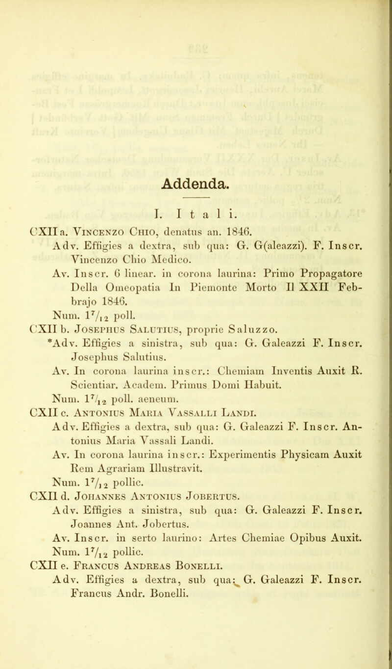 Addenda. J. Itali. CXIIa. ViNCENZO Ciiio, denatus an. 1846. Adv. Effigies a dextra, sub qiia; G. G(aleazzi). F. Inscr. Vincenzo Chio Medico. Av. Inscr. G linear. in corona laurina: Primo Propagatore Delia Oineopatia In Pienionte Morto II XXII Feb- brajo 1846. Nuin. lVi2 pob. ('XII b. JoSEPHUS Salutius, proprie Salnzzo. *Adv. Effigies a sinistra, sub qua: G. Galeazzi F. Inscr. Josejihus Salutius. Av. In corona laurina inscr.: Chemiam Inventis Auxit K. Scientiar. Academ. Primus Domi Habuit. Num. l^q.2 poli, aeneum. CXII c. Antonius Makia Vassalli Landi. Adv. Effigies a dextra, sub qua: G. Galeazzi F. Inscr. An- tonius Maria Vassali Landi. Av. In corona laurina inscr.: Experimentis Physicam Auxit Kem Agrariam Illustravit. Num. 1Vj2 pollic. CXII d. JoiiANNES Antonius Jobertus. Adv. Effigies a sinistra, sub qua: G. Galeazzi F. Inscr, Joannes Ant. Jobertus. Av. Inscr. in serto laurino: Artes Chemiae Opibus Auxit. Num. lVi2 pollic. CXII e. Francus Andreas Bonelli. Adv. Effigies a dextra, sub qua^G. Galeazzi F. Inscr. Francus Andr. Bonelli.