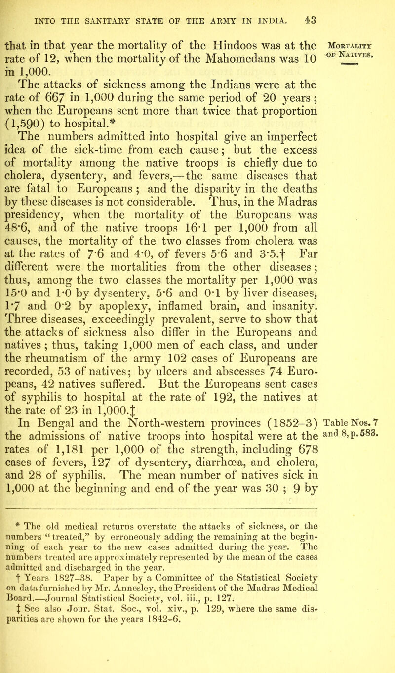 that in that year the mortality of the Hindoos was at the rate of 12, when the mortality of the Mahomedans was 10 in 1,000. The attacks of sickness among the Indians were at the rate of 667 in 1,000 during the same period of 20 years ; when the Europeans sent more than twice that proportion (1,590) to hospital.^ The numbers admitted into hospital give an imperfect idea of the sick-time from each cause; but the excess of mortality among the native troops is chiefly due to cholera, dysentery, and fevers,— the same diseases that are fatal to Europeans ; and the disparity in the deaths by these diseases is not considerable. Thus, in the Madras presidency, when the mortality of the Europeans was 48*6, and of the native troops 16T per 1,000 from all causes, the mortality of the two classes from cholera was at the rates of 7‘6 and 4*0, of fevers 5'6 and 3*5.f Far different were the mortalities from the other diseases; thus, among the two classes the mortality per 1,000 was 15*0 and 1*0 by dysentery, 5*6 and 0*1 by liver diseases, 1*7 arid 0*2 by apoplexy, inflamed brain, and insanity. Three diseases, exceedingly prevalent, serve to show that the attacks of sickness also differ in the Europeans and natives ; thus, taking 1,000 men of each class, and under the rheumatism of the army 102 cases of Europeans are recorded, 53 of natives; by ulcers and abscesses 74 Euro- peans, 42 natives suffered. But the Europeans sent cases of syphilis to hospital at the rate of 192, the natives at the rate of 23 in 1,000.J In Bengal and the North-western provinces (1852-3) the admissions of native troops into hospital wTere at the rates of 1,181 per 1,000 of the strength, including 678 cases of fevers, 127 of dysentery, diarrhoea, and cholera, and 28 of syphilis. The mean number of natives sick in 1,000 at the beginning and end of the year was 30 ; 9 by * The old medical returns overstate the attacks of sickness, or the numbers “ treated,” by erroneously adding the remaining at the begin- ning of each year to the new cases admitted during the year. The numbers treated are approximately represented by the mean of the cases admitted and discharged in the year. f Years 1827-38. Paper by a Committee of the Statistical Society on data furnished by Mr. Annesley, the President of the Madras Medical Board.—Journal Statistical Society, vol. iii., p. 127. f; See also Jour. Stat. Soc., vol. xiv., p. 129, where the same dis- parities are shown for the years 1842-6. Mortality- or Natives. Table Nos. 7 and 8, p.583.