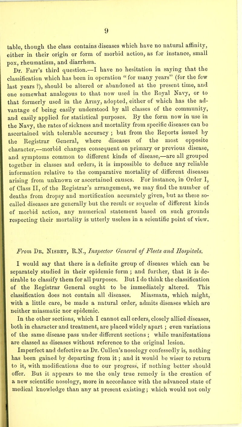 table, though the class contains diseases which have no natural affinity, either in their origin or form of morbid action, as for instance, small pox, rheumatism, and diarrhoea. Dr. Farr’s third question.—I have no hesitation in saying that the classification which has been in operation “ for many years” (for the few last years ?), should be altered or abandoned at the present time, and one somewhat analogous to that now used in the Royal Navy, or to that formerly used in the Army, adopted, either of which has the ad- vantage of being easily understood by all classes of the community, and easily applied for statistical purposes. By the form now in use in the Navy, the rates of sickness and mortality from specific diseases can be ascertained with tolerable accuracy ; but from the Reports issued by the Registrar General, where diseases of the most opposite character,—morbid changes consequent on primary or previous disease, and symptoms common to different kinds of disease,—are all grouped together in classes and orders, it is impossible to deduce any reliable information relative to the comparative mortality of different diseases arising from unknown or ascertained causes. For instance, in Order I, of Class II, of the Registrar’s arrangement, we may find the number of deaths from dropsy and mortification accurately given, but as these so- called diseases are generally but the result or sequelm of different kinds of morbid action, any numerical statement based on such grounds respecting their mortality is utterly useless in a scientific point of view. From Dr. Nisbet, R.N., Inspector General of Fleets and Hospitals. I would say that there is a definite group of diseases which can be separately studied in their epidemic form ; and further, that it is de- sirable to classify them for all purposes. But I do think the classification of the Registrar General ought to be immediately altered. This classification does not contain all diseases. Miasmata, which might, with a little care, be made a natural order, admits diseases which are neither miasmatic nor epidemic. In the other sections, which I cannot call orders, closely allied diseases, both in character and treatment, are placed widely apart ; even variations of the same disease pass under different sections ; while manifestations are classed as diseases without reference to the original lesion. Imperfect and defective as Dr. Cullen’s nosology confessedly is, nothing has been gained by departing from it; and it would be wiser to return to it, with modifications due to our progress, if nothing better should offer. But it appears to me the only true remedy is the creation of a new scientific nosology, more in accordance with the advanced state of medical knowledge than any at present existing; which would not only