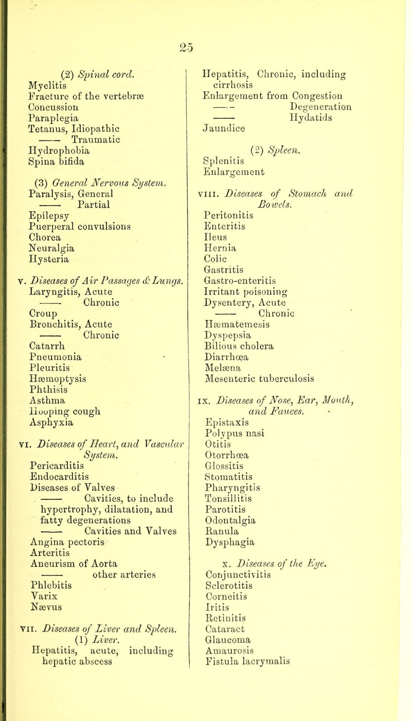 (2) Spinal cord. Myelitis Fracture of the vertebras Concussion Paraplegia Tetanus, Idiopathic Traumatic Hydrophobia Spina bifida (3) General Nervous System. Paralysis, General Partial Epilepsy Puerperal convulsions Chorea Neuralgia Hysteria Y. Diseases of Air Passages & Lungs. Laryngitis, Acute Chronic Croup Bronchitis, Acute Chronic Catarrh Pneumonia Pleuritis Haemoptysis Phthisis Asthma Hooping cough Asphyxia VI. Diseases of Heart, and Vascular System. Pericarditis Endocarditis Diseases of Valves . Cavities, to include hypertrophy, dilatation, and fatty degenerations Cavities and Valves Angina pectoris Arteritis Aneurism of Aorta other arteries Phlebitis Varix Naevus VII. Diseases of Liver and Spleen. (1) Liver. Hepatitis, acute, including hepatic abscess Hepatitis, Chronic, including cirrhosis Enlargement from Congestion Degeneration Hydatids Jaundice (2) Spleen. Splenitis Enlargement VIII. Diseases of Stomach and Bowels. Peritonitis Enteritis Ileus Hernia Colic Gastritis Gastro-enteritis Irritant poisoning Dysentery, Acute Chronic Haematemesis Dyspepsia Bilious cholera Diarrhoea Melaena Mesenteric tuberculosis IX. Diseases of Nose, Ear, Mouth, and Fauces. Epistaxis Polypus nasi Otitis Otorrhoea Glossitis Stomatitis Pharyngitis Tonsillitis Parotitis Odontalgia Ranula Dysphagia X. Diseases of the Eye. Conjunctivitis Sclerotitis Corneitis Iritis Retinitis Cataract Glaucoma Amaurosis Fistula lacrymalis