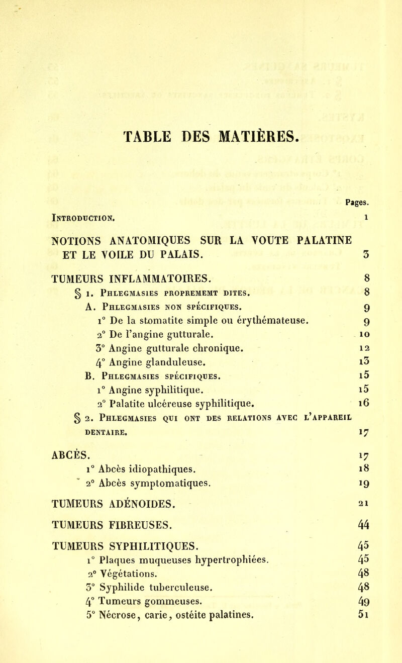TABLE DES MATIÈRES Pages. Introduction. i NOTIONS ANATOMIQUES SUR LA VOUTE PALATINE ET LE VOILE DU PALAIS. 3 TUMEURS INFLAMMATOIRES. 8 g 1. Phlegmasies proprememt dites. 8 A. Phlegmasies non spécifiques. 9 i° De la stomatite simple ou érythémateuse. 9 2° De l’angine gutturale. 10 3° Angine gutturale chronique. 12 4° Angine glanduleuse. B. Phlegmasies spécifiques. i5 i° Angine syphilitique. i5 20 Palatite ulcéreuse syphilitique. 16 § 2. Phlegmasies qui ont des relations avec l’appareil dentaire. 17 ABCÈS. 17 i° Abcès idiopathiques. 18 20 Abcès symptomatiques. 19 TUMEURS ADÉNOÏDES. 21 TUMEURS FIBREUSES. 44 TUMEURS SYPHILITIQUES. 45 i° Plaques muqueuses hypertrophiées. 45 20 Végétations. 48 3° Syphilide tuberculeuse. 48 4° Tumeurs gommeuses. 49 5° Nécrose, carie, ostéite palatines. 5i