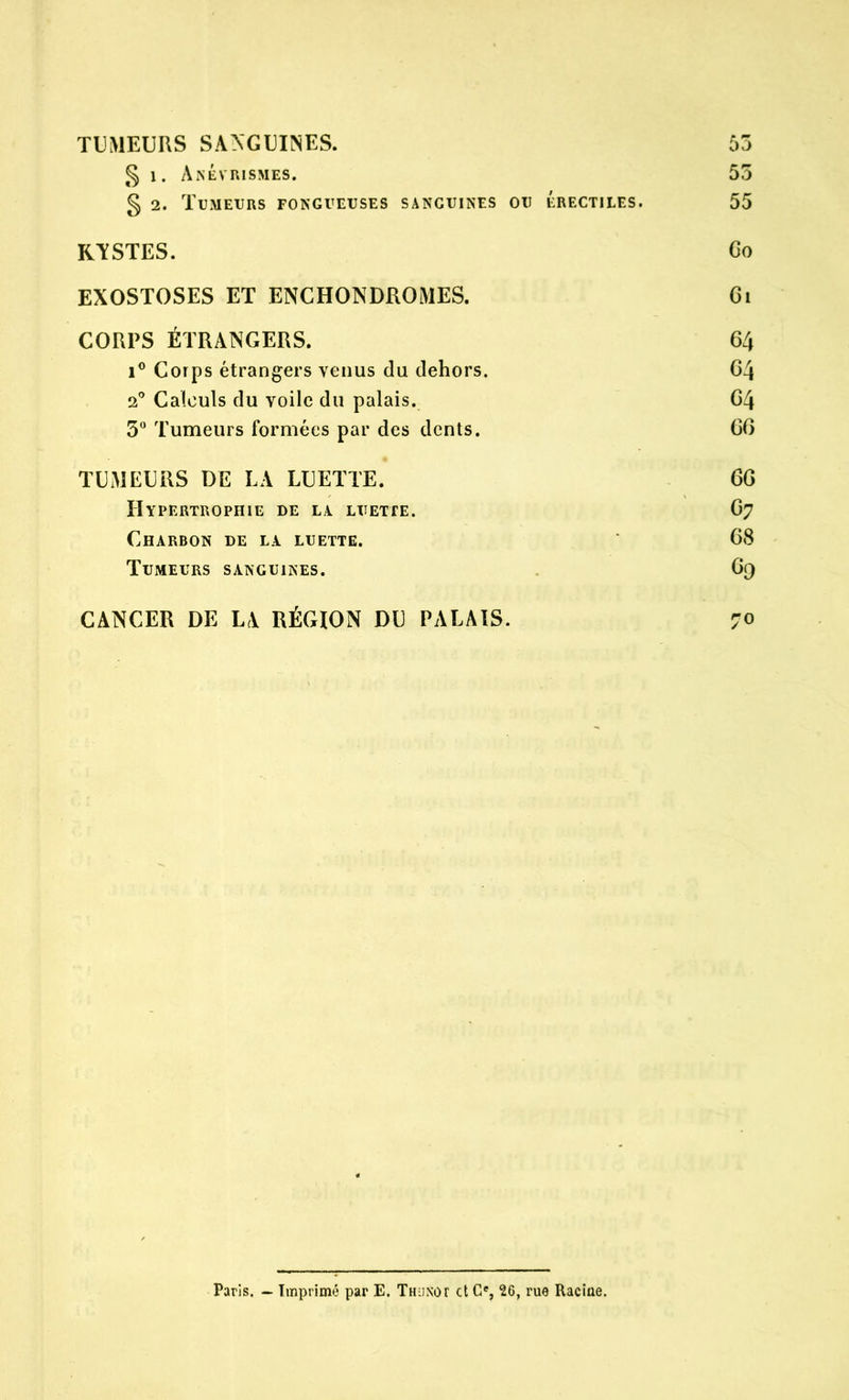 TUMEURS SANGUINES. 53 § i. Anévrismes. 55 § 2. Tumeurs fongueuses sanguines ou érectiles. 55 KÏSTES. Go EXOSTOSES ET ENCHONDROMES. Gi CORPS ÉTRANGERS. 64 i° Corps étrangers venus du dehors. 64 2° Calculs du voile du palais. G4 3° Tumeurs formées par des dents. GG TUMEURS DE LA LUETTE. GG Hypertrophie de la luette. Gy Charbon de la luette. 68 Tumeurs sanguines. 69 CANCER DE LA RÉGION DU PALAIS. 70 Paris, — Imprimé par E. Thuxot et C% 26, rue Racine.