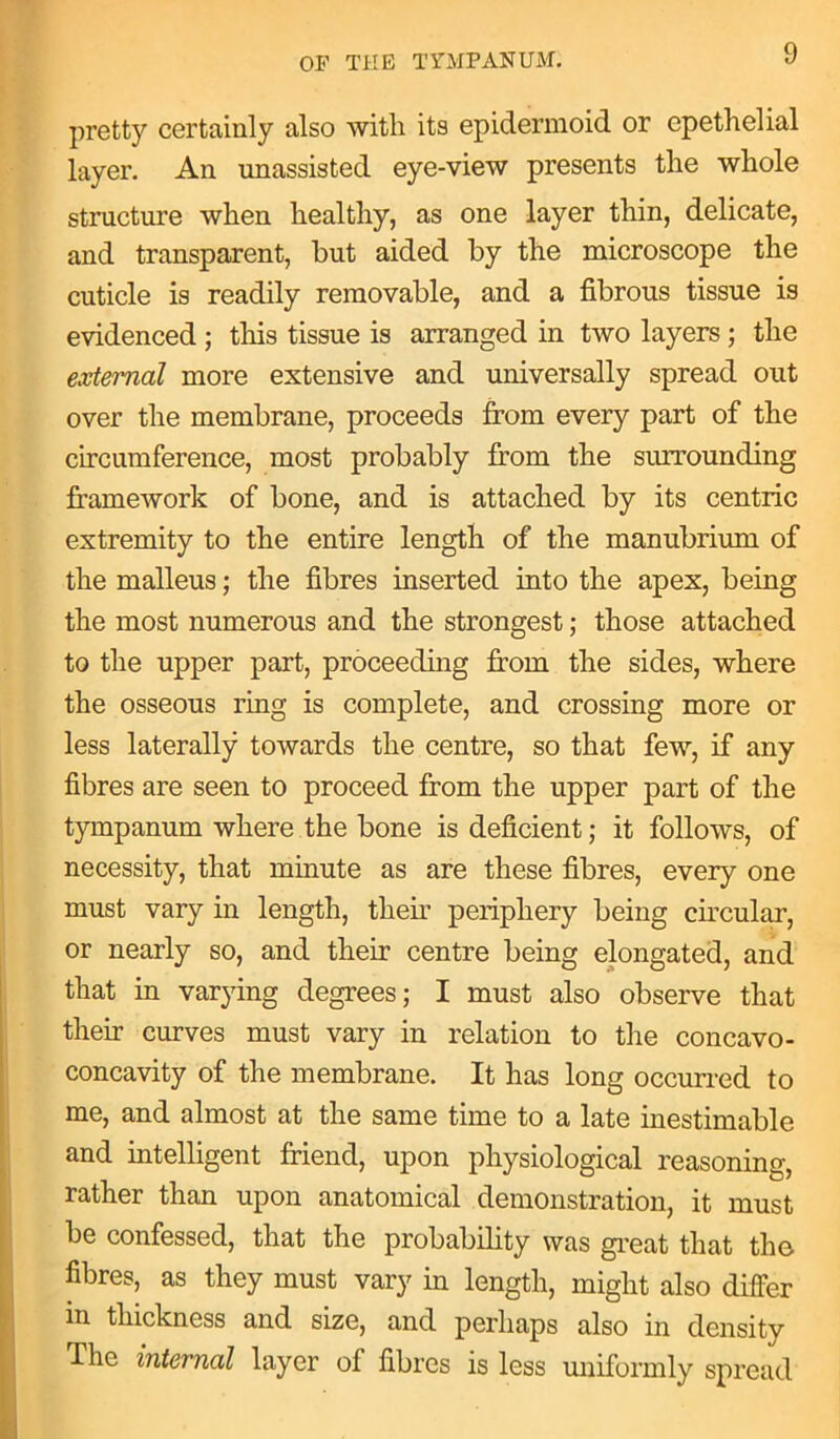 pretty certainly also with its epidermoid or epethelial layer. An unassisted eye-view presents the whole structure when healthy, as one layer thin, delicate, and transparent, but aided by the microscope the cuticle is readily removable, and a fibrous tissue is evidenced ; this tissue is arranged in two layers; the external more extensive and universally spread out over the membrane, proceeds from every part of the circumference, most probably from the surrounding framework of bone, and is attached by its centric extremity to the entire length of the manubrium of the malleus; the fibres inserted into the apex, being the most numerous and the strongest; those attached to the upper part, proceeding from the sides, where the osseous ring is complete, and crossing more or less laterally towards the centre, so that few, if any fibres are seen to proceed from the upper part of the tympanum where the bone is deficient; it follows, of necessity, that minute as are these fibres, every one must vary in length, their periphery being circular, or nearly so, and their centre being elongated, and that in varying degrees; I must also observe that their curves must vary in relation to the concavo- concavity of the membrane. It has long occurred to me, and almost at the same time to a late inestimable and intelligent friend, upon physiological reasoning, rather than upon anatomical demonstration, it must be confessed, that the probability was great that the fibres, as they must vary in length, might also differ m thickness and size, and perhaps also in density The internal layer of fibres is less uniformly spread