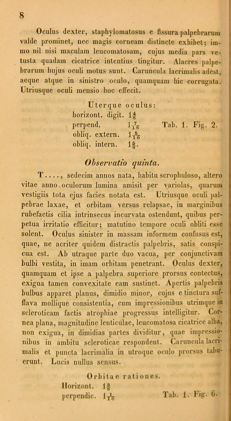 Oculus dexter, staphylomatosus e fissura palpebrarum valde prominet, nec magis corneam distincte exhibet; im- mo nil nisi maculam leucomalosam, cujus media pars ve- tusta quadam cicatrice intentius tingitur. Alacres palpe- brarum lmjus oculi motus sunt. Caruncula lacrimalis adest, aeque atque in sinistro oculo, quamquam hic corrugata. Utriusque oculi mensio hoc effecit. Uterque oculus: horizont. digit. lg perpend. 1-/^ Tab. 1. Fig. 2. obliq. extern. 1T6^ obliq. intern. lg. Observatio quinta. T...., sedecim annos nata, habitu scrophuloso, altero vitae anno oculorum lumina amisit per variolas, quarum vestigiis tota ejus facies notata est. Utriusque oculi pal- pebrae laxae, et orbitam versus relapsae, in marginibus rubefactis cilia intrinsecus incurvata ostendunt, quibus per- petua irritatio efficitur; matutino tempore oculi obliti esse solent. Oculus sinister in massam informem confusus est, quae, ne acriter quidem distractis palpebris, satis conspi- cua est. Ab utraque parte duo vacua, per conjunctivam bulbi vestita, in imam orbitam penetrant. Oculus dexter, quamquam ct ipse a palpebra superiore prorsus contectus, exigua tamen convexitate eam sustinet. Apertis palpebris bulbus apparet planus, dimidio minor, cujus e tinctura suf- flava mollique consistentia, cum impressionibus utrimque in sclerolicam factis atrophiae progressus intelligitur. Cor- nea plana, magnitudine lenticulae, lcucomatosa cicatrice alba, non exigua, in dimidias partes dividitur, quae impressio- nibus in ambitu scleroticac respondent. Caruncula lacri- malis et puncta lacrimalia in utroque oculo prorsus tabu- erunt. Lucis nullus sensus. 0rbitae rationes. Ilorizont. lg pcrpendic. 1T^ Tab. i. Fig. 6-