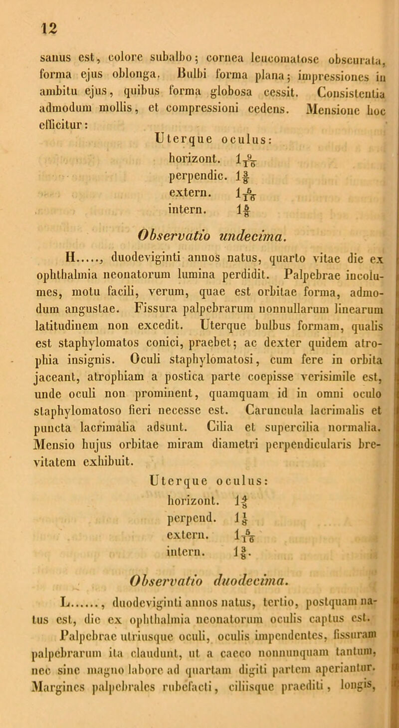 sanus est, colore subalbo; cornea leucoinalosc obscurata, forma ejus oblonga. Bulbi forma plana; impressiones in ambitu ejus, quibus forma globosa cessit. Consistentia admodum mollis, et compressioni cedens. Mensione hoc efficitur: Uterque oculus: horizont. 1^ perpendic. ljt extern. 1 A intern. lf Observatio undecima. II duodeviginti annos natus, quarto vitae die ex Ophthalmia neonatorum lumina perdidit. Palpebrae incolu- mes, motu facili, verum, quae est orbitae forma, admo- dum angustae. Fissura palpebrarum nonnullarum linearum latitudinem non excedit. Uterque bulbus formam, qualis est staphylomatos conici, praebet; ac dexter quidem atro- phia insignis. Oculi staphylomatosi, cum fere in orbita jaceant, atrophiam a postica parte coepisse verisimile est, unde oculi non prominent, quamquam id in omni oculo slaphylomatoso fieri necesse est. Caruncula lacrimalis et puncta lacrimalia adsunt. Cilia et supercilia normalia. Mensio hujus orbitae miram diametri perpendicularis bre- vitatem exhibuit. Uter que oculus: horizont. perpend. extern. 1T\ intern. Ij*. Observatio duodecima. L , duodeviginti annos natus, tertio, postquam na- tus est, dic ex Ophthalmia neonatorum oculis captus est. Palpebrae ulriusquc oculi, oculis impendentes, fissuram palpebrarum ita claudunt, ut a caeco nonnunquam tantum, nec sine magno labore ad quartam digiti partem aperiantur. Margines palpebrales rubefacti, ciliisque praediti, longis,