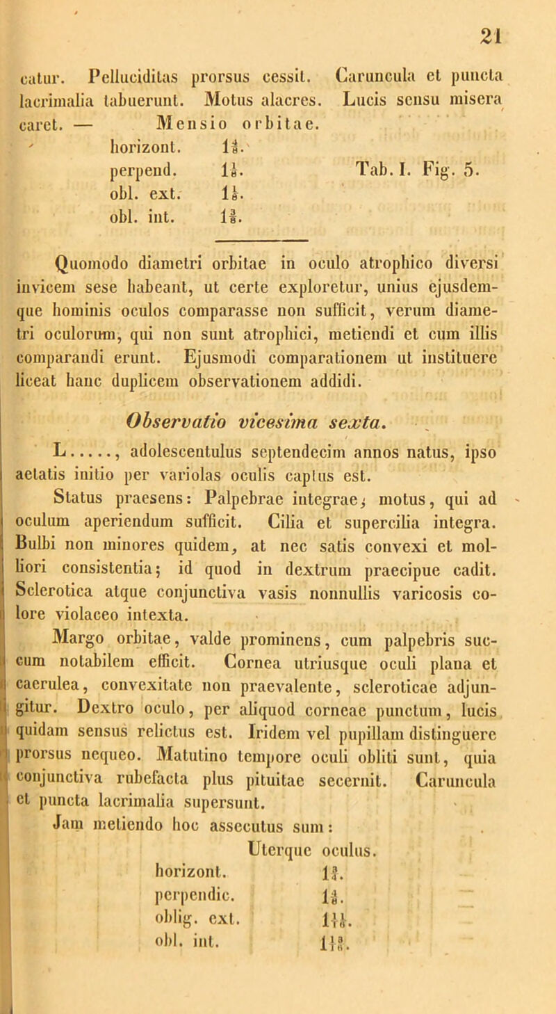 catur. Pcllucidilas prorsus cessil. Caruncula cl puncta lacrimalia tabuerunt. Motus alacres. Lucis sensu misera caret. — Mensio orbitae. ' horizont. 11.' perpeud. 1«. Tab. I. Fig. 5. obi. ext. U. obi. iut. 11. Quomodo diametri orbitae in oculo atrophico diversi invicem sese habeant, ut certe exploretur, unius cjusdem- que hominis oculos comparasse non sufficit, verum diame- tri oculorum, qui non sunt atrophici, metiendi et cum illis comparandi erunt. Ejusmodi comparationem ut instituere liceat hanc duplicem observationem addidi. Observatio vicesima sexta. L , adolescentulus septendecim annos natus, ipso i aetatis initio per variolas oculis caplus est. Status praesens: Palpebrae integraej motus, qui ad oculum aperiendum sufficit. Cilia et supercilia integra. Bulbi non minores quidem, at nec satis convexi et mol- liori consistentia; id quod in dextrum praecipue cadit. Sclerotica atque conjunctiva vasis nonnullis varicosis co- lore violaceo intexta. Margo orbitae, valde prominens, cum palpebris suc- , cum notabilem efficit. Cornea utriusque oculi plana et ii caerulea, convexitate non praevalente, sclerolicae adjun- i gitur. Dextro oculo, per aliquod corneae punctum, lucis i quidam sensus relictus est. Iridem vel pupillam distinguere i prorsus nequeo. Matutino tempore oculi obliti sunt, quia . conjunctiva rubefacta plus pituitae secernit. Caruncula et puncta lacrimalia supersunt. Jam metiendo hoc assecutus sum: Uterque oculus. horizont. lf. perpendic. 11. oblig. cxt. i n. obi. int. itt.