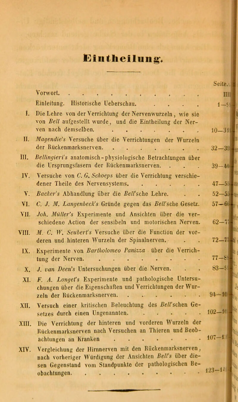 Eintheilun^ i. ii. in. IV. V. VI. VII. VIII. IX. X. XI. XII. XIII. XIV. Seite Vorwort. .......... n Einleitung. Historische Ueberschau. .... l — Die Lehre von der Verrichtung der Nervenwurzeln , wie sie von Bell aufgestellt wurde, und die Eintheilung der Ner- ven nach demselben. 10—; Magendie's Versuche über die Verrichtungen der Wurzeln der Rückenmarksnerven 32— Bellingieri’s anatomisch-physiologische Betrachtungen über die Ursprungsfasern der Rückenmarksnerven. Versuche von C. G. Schoeps über die Verrichtung verschie- dener Theile des Nervensystems Bäcker’s Abhandlung über die Z?e//’sche Lehre. C. J. M. Langenbeck’s Gründe gegen das Bell’sehe Gesetz. Joh. Müller’s Experimente und Ansichten über die ver- schiedene Action der sensibeln und motorischen Nerven. M. C. W. Seubert’s Versuche über die Function der vor- deren und hinteren Wurzeln der Spinalnerven. Experimente von Barlholomeo Panizza über die Verrich- tung der Nerven J. van Deen’s Untersuchungen über die Nerven. F. A. Longefs Experimente und pathologische Untersu- chungen über die Eigenschaften und Verrichtungen der Wur- zeln der Rückenmarksnerven Versuch einer kritischen Beleuchtung des 2?e//’schen Ge- setzes durch einen Ungenannten. . . . . . Die Verrichtung der hinteren und vorderen Wurzeln der Rückenmarksnerven nach Versuchen an Thieren und Beob- achtungen an Kranken Vergleichung der Hirnnerven mit den Rückenmarksnerven, nach vorheriger Würdigung der Ansichten Bell’s über die- sen Gegenstand vom Standpunkte der pathologischen Be- obachtungen 39- 47—I 52— 57—1 62-' 72-' 77-! 83—f 94-IC 102-R 107-1 123—1^