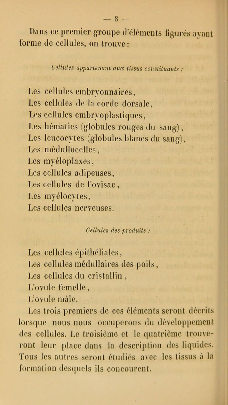 Dans ce premier groupe d’éléments figurés ayant forme de cellules, on trouve: Cellules appartenant aux tissus constituants : Les cellules embryonnaires, Les cellules de la corde dorsale, Les cellules embryoplastiques, Les hématies (globules rouges du sang), Les leucocytes (globules blancs du sang), Les médullocclles, Les myéloplaxes, Les cellules adipeuses, Les cellules de l’ovisac, Les myélocytes, Les cellules nerveuses. Cellules des prodtiits : Les cellules épithéliales, Les cellules médullaires des poils, Les cellules du cristallin , L’ovule femelle, L’ovule mâle. Les trois premiers de ces éléments seront décrits lorsque nous nous occuperons du développement des cellules. Le troisième et le quatrième trouve- ront leur place dans la description des liquides. Tous les autres seront étudiés avec les tissus à la formation desquels ils concourent.