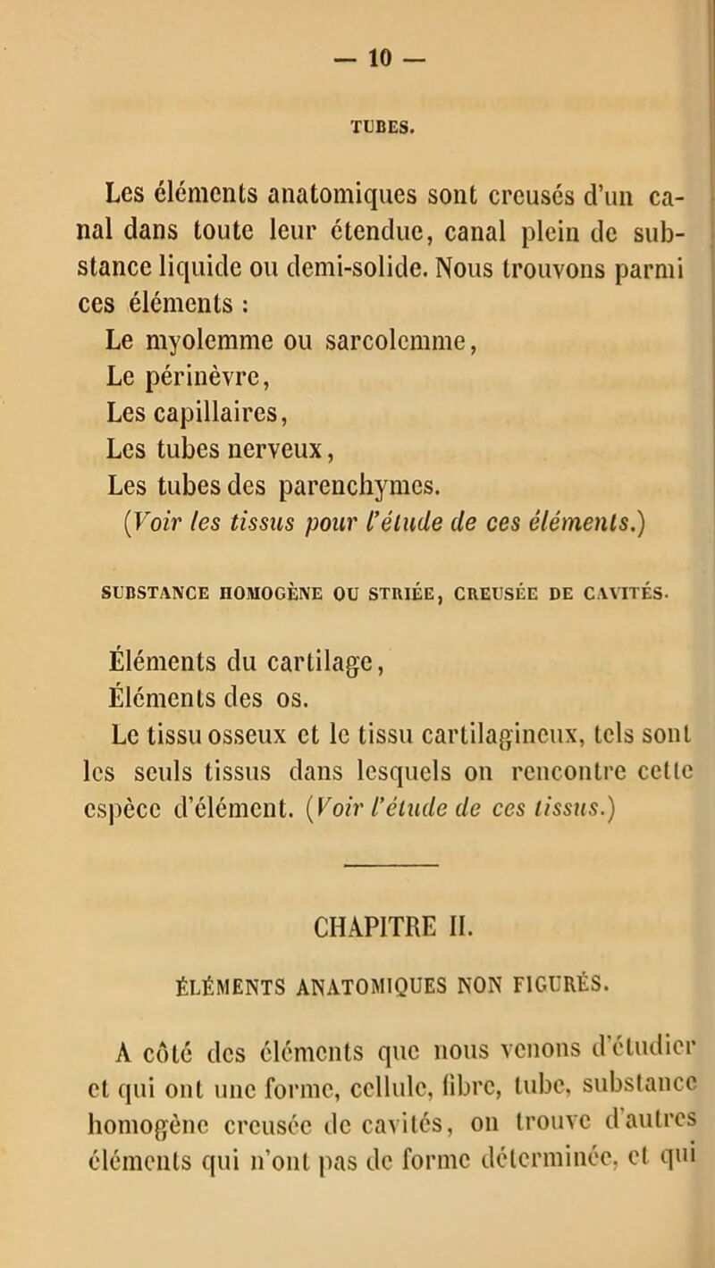 TUBES. Les éléments anatomiques sont creusés d’un ca- nal dans toute leur étendue, canal plein de sub- stance liquide ou demi-solide. Nous trouvons parmi ces éléments : Le myolemme ou sarcolcmme, Le périnèvre, Les capillaires, Les tubes nerveux, Les tubes des parenchymes. (Voir les tissus pour l’élude de ces éléments.) SUBSTANCE nûMOGÈNE OU STRIÉE, CREUSÉE DE CAVITÉS. Éléments du cartilage, Éléments des os. Le tissu osseux et le tissu cartilagineux, tels sont les seuls tissus dans lesquels on rencontre cet le espèce d’élément. (Voir l’élude de ces tissus.) CHAPITRE II. ÉLÉMENTS ANATOMIQUES NON FIGURÉS. A côté des éléments que nous venons d’étudier et qui ont une forme, cellule, libre, tube, substance homogène creusée de cavités, on trouve d’autres éléments qui n’ont pas de forme déterminée, et qui