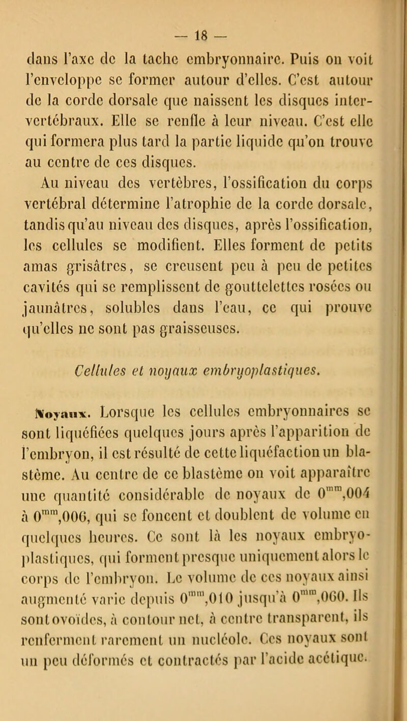 dans l’axe de la tache embryonnaire. Puis on voit l’enveloppe se former autour d’elles. C’est autour de la corde dorsale que naissent les disques inter- vertébraux. Elle se renfle à leur niveau. C’est elle qui formera plus tard la partie liquide qu’on trouve au centre de ces disques. Au niveau des vertèbres, l’ossification du corps vertébral détermine l’atrophie de la corde dorsale, tandis qu’au niveau des disques, après l’ossification, les cellules se modifient. Elles forment de petits amas grisâtres, se creusent peu à peu de petites cavités qui se remplissent de gouttelettes rosées ou jaunâtres, solubles dans l’eau, ce qui prouve quelles ne sont pas graisseuses. Cellules et noyaux embryoplastiques. \ovmix. Lorsque les cellules embryonnaires se sont liquéfiées quelques jours après l’apparition de l’embryon, il est résulté de cette liquéfaction un bla- stème. Au centre de ce blastème on voit apparaître une quantité considérable de noyaux de 0,nm,004 à 0,nm,000, qui se foncent et doublent de volume en quelques heures. Ce sont là les noyaux embryo- plastiqucs, qui forment presque uniquement alors le corps de l’embryon. Le volume de ces noyaux ainsi augmenté varie depuis O'”',010 jusqu’à O11,060. Ils sont ovoïdes, à contour net, à centre transparent, ils renferment rarement un nucléole. Ces noyaux sont un peu déformés et contractés par l’acide acétique.