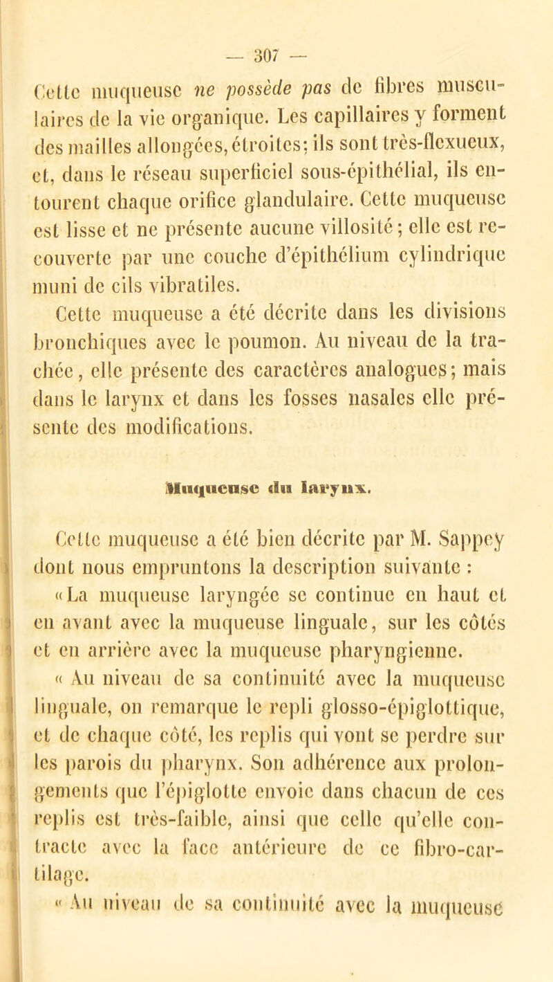 Cette muqueuse ne possède pas de fibres muscu- laires de la vie organique. Les capillaires y forment des mailles allongées, étroites; ils sont très-flexueux, et, dans le réseau superficiel sous-épithélial, ils en- tourent chaque orifice glandulaire. Cette muqueuse est lisse et ne présente aucune villosité ; elle est re- couverte par une couche d’épithélium cylindrique muni de cils vibratiles. Cette muqueuse a été décrite dans les divisions bronchiques avec le poumon. Au niveau de la tra- chée, elle présente des caractères analogues; mais dans le larynx et dans les fosses nasales elle pré- sente des modifications. Uiiqucusc dis larynx. flotte muqueuse a été bien décrite par M. Sappcy dont nous empruntons la description suivante : «La muqueuse laryngée se continue en haut et en avant avec la muqueuse linguale, sur les côtés et en arrière avec la muqueuse pharyngienne. « Au niveau de sa continuité avec la muqueuse linguale, on remarque le repli glosso-épiglottique, et de chaque côté, les replis qui vont se perdre sur les parois du pharynx. Son adhérence aux prolon- gements (pic l’épiglotte envoie dans chacun de ces replis est très-faible, ainsi que celle qu’elle con- tracte avec la face antérieure de ce fibro-ear- lilage. « Au niveau de sa continuité avec la muqueuse