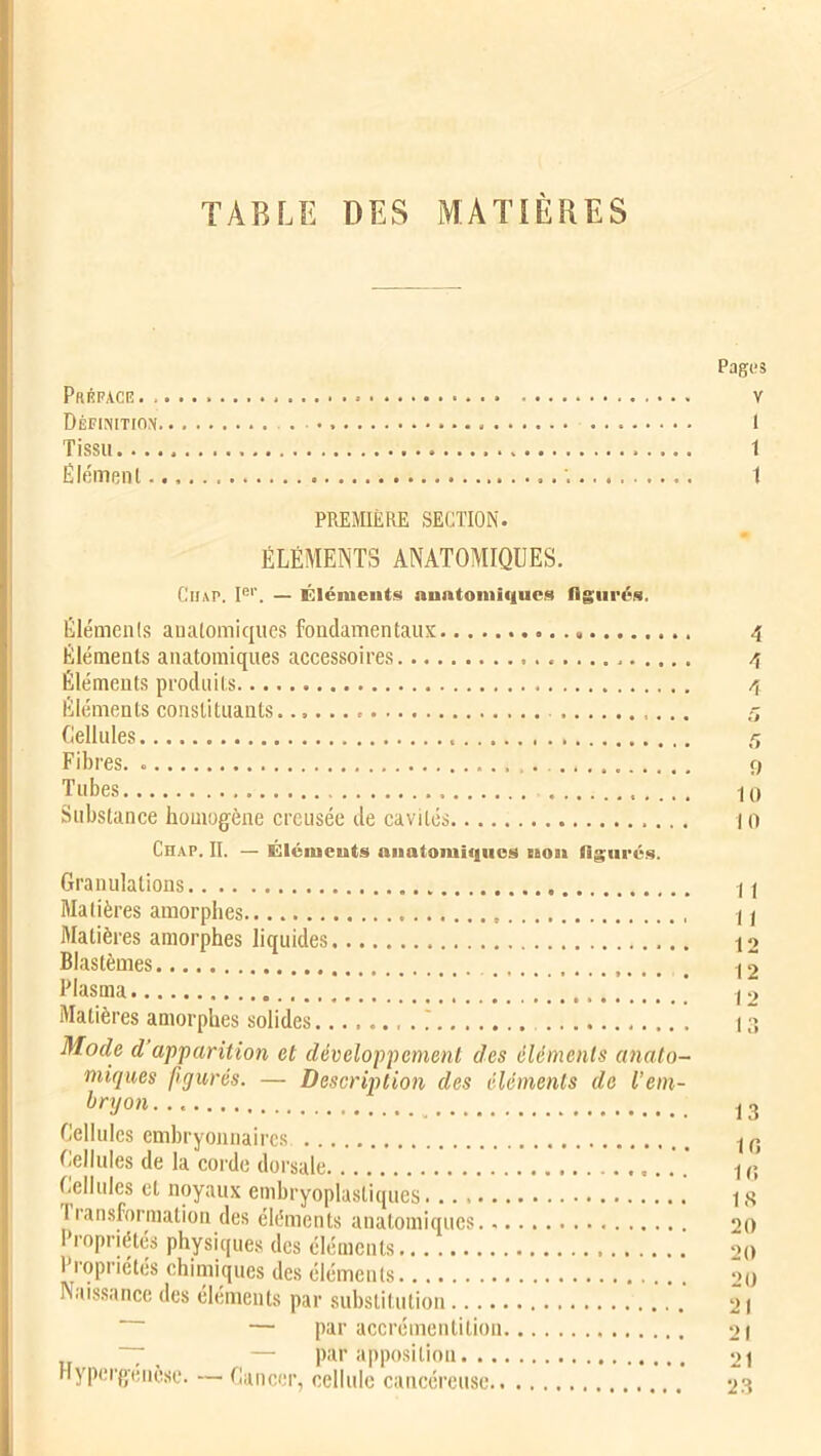 TABLE DES MATIÈRES Pages Préface v Définition 1 Tissu 1 Élément 1 PREMIÈRE SECTION. ÉLÉMENTS ANATOMIQUES. Cuap. Ier. — Éléments anatomiques figurés. Éléments anatomiques fondamentaux Éléments anatomiques accessoires Éléments produits Éléments constituants Cellules Fibres. Tubes Substance homogène creusée de cavités Chap. II. — Éléments anatomiques bsois figurés. Granulations Matières amorphes Matières amorphes liquides Blastèmes Plasma Matières amorphes solides 7 Mode d apparition et développement des éléments anato- miques figurés. — Description des éléments de l’em- bryon Cellules embryonnaires Cellules de la corde dorsale ' Cellules et noyaux embryoplasliques Transformation des éléments anatomiques Propriétés physiques des éléments Propriétés chimiques des éléments Naissance des éléments par substitution — par accrémentition ~7 — par apposition Hypergénèse. — Cancer, cellule cancéreuse 4 9 K) 10 11 11 12 12 12 13 13 10 10 18 20 20 20 21 21 21 23