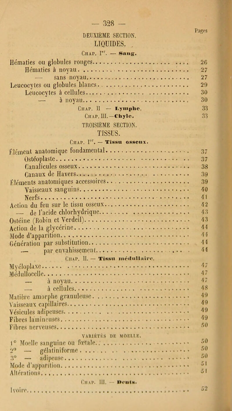 DEUXIÈME SECTION. LIQUIDES. CnAr. T'. — Sang. Hématies ou globules rouges Hématies à noyau — sans noyau Leucocytes ou globules blancs. Leucocytes à cellules — à noyau Chap. II — Lymphe. Chap. III.—Chyle. TROISIÈME SECTION. TISSUS. Chap. Ior. — Tissu osseux. Elément anatomique Fondamental Ostéoplaste Canalicules osseux Canaux de Havers Eléments anatomiques accessoires Vaisseaux sanguins Nerfs Action du feu sur le tissu osseux — de l’acide chlorhydrique Ostéine (Robin et Verdeil) Action de la glycérine Mode d’apparition Génération par substitution — par envahissement Chap. II. — Tissu médullaire. Myéloplaxc Médullocelle — il noyau — il cellules Matière amorphe granuleuse Vaisseaux capillaires Vésicules adipeuses Fibres lumineuses Fibres nerveuses VARIÉTÉS DK MOKI.I.E. 1° Moelle sanguine ou fœtale 2° — gélatiniforme .1° — adipeuse Mode d’apparition Altérations Ciiap. III. — neuis.