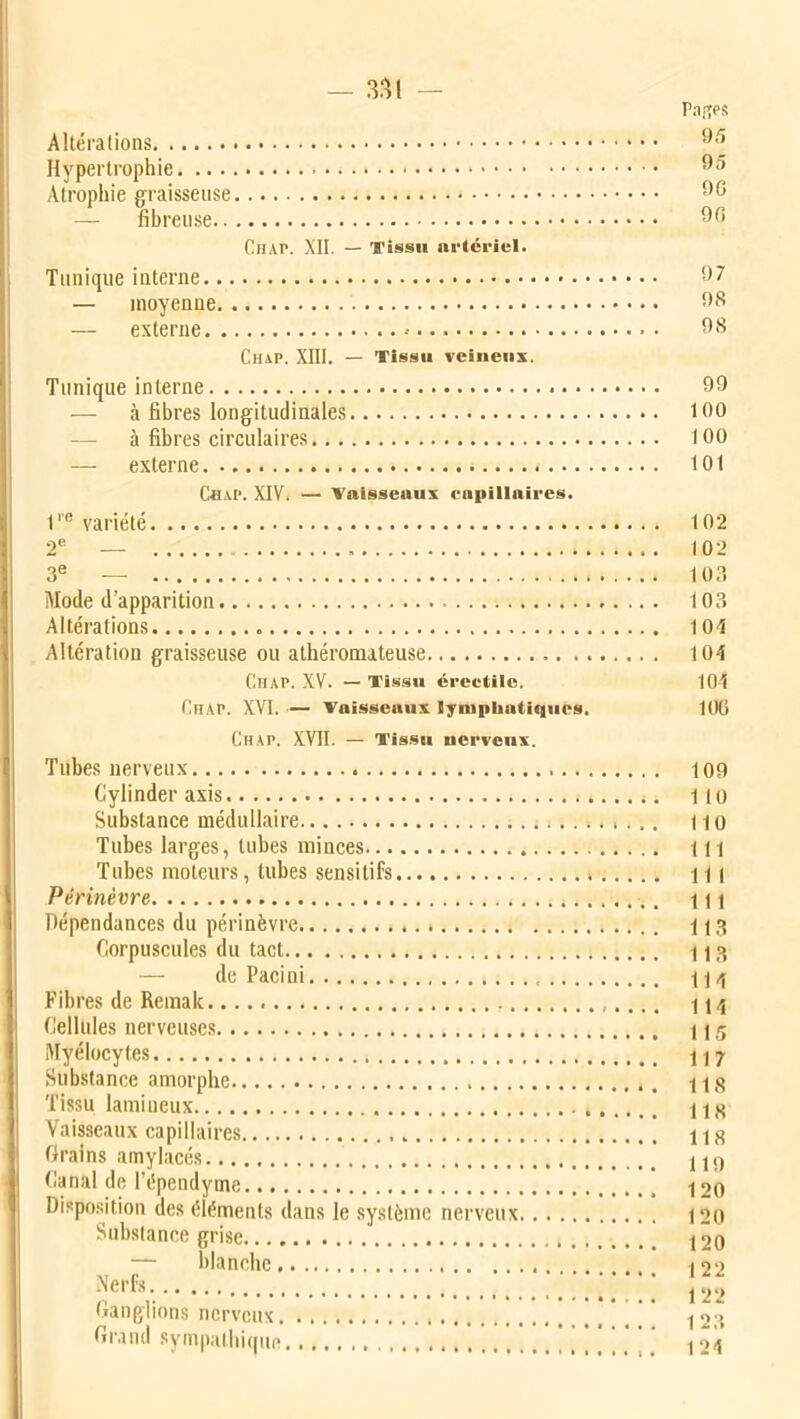 Altérations Hypertrophie Atrophie graisseuse — fibreuse Chap. XII. — Tissu artériel. Tunique interne — moyenne — externe Chap. XIII. — Tissu veineux. Tunique interne — à fibres longitudinales — à fibres circulaires — externe Chap. XIV. — Vaisseaux capillaires. 1l-e variété 2e 3e — Mode d’apparition . . . . ; Altérations Altération graisseuse ou athéromateuse .. Chap. XV. — Tissu érectile. Chap. XVI. — vaisseaux lymphatiques. CHAr. XVII. — Tissu nerveux. Tubes nerveux Cylinder axis Substance médullaire Tubes larges, tubes minces Tubes moteurs, tubes sensitifs Périnèvre ,.. Dépendances du périnèvre Corpuscules du tact — de Pacini Fibres de Remak Cellules nerveuses Myélocytes Substance amorphe Tissu lamincux Vaisseaux capillaires Grains amylacés Canal de l’épendyme. Disposition des éléments dans le système nerveux Substance grise — blanche Nerfs Ganglions nerveux Grand sympathique Paffes 95 95 9G 90 97 98 98 99 100 100 101 102 102 103 103 104 104 104 106 109 1 10 110 111 111 1 1 1 113 113 114 114 115 117 118 118 118 119 120 120 120 122 122 123 124