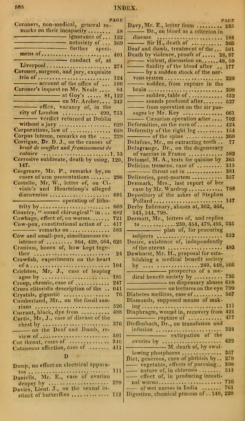 PAGE Coroners, non-medical, general re- marks on their incapacity 58 • ignorance of... 122 notoriety of ... 309 further speci- mens of 401 * conduct of, at Liverpool 274 Coroner, surgeon, and jury, exquisite trio of 124 account of Hie office of ... 500 Coroner’s inquest on Mr. Neale .... 84 at Guy’s ....„ 81,122 on Mr. Archer.... 242 ■ office, vacancy of, in the city of London 499,753 ■ verdict returned at Dublin without a jury 029 Corporations, law of 058 Corpus luteum, remarks on the .... 229 Corrigan, Dr. D. J., on the causes of bruit de soufflel and fremissement de cat air e 1,33 Corrosive sublimate, death by using, 120, 147. Cosgreave, Mr. P., remarks by, on cases of arm presentations 298 Costello, Mr, W., letter of, on Ci- viale’s and Heurteloup’s alleged discoveries 001 operation of litho- trity by 009 Country, “ sound chirurgical” in . .. 082 Cowhage, effect of, on worms 721 Cow-pox, constitutional action of .. 417 remarks on 683 Cow and small-pox, simultaneous ex- istence of 304, 420, 504, 025 Cranium, bones of, how kept toge- ther 24 Crawfish, experiments on the heart of a 104 Crichton, Mr, J., case of leaping ague by 185 Croup, chronic, case of 247 Crura clitoridis description of the .. 041 Crystals, gigantic 76 Cumberland, Mr., on the fossil sau- rians 520 Currant, black, dye from 488 Curtis, Mr, J., case of disease of the chest by 370 on the Deaf and Dumb, re- view of 501 Cut throat, cases of 340 Cutaneous affection, case, of 411 D Damp, no effect on electrical appara- Daniells, Mr. E., case of ovarian dropsy by 299 Davies,'Lieut. J., on the. sexual in- stinct of butterflies 112 PAGE Davy,Mr. E., letter from .......335 Dr., on blood as a criterion in disease 184 Sir H., death of 300 Deaf and dumb, treatment of the ... 501 Death by violence, proofs of 38, 87 fluidity of the blood after .. 177 vous system 220 sudden, from rupture in the brain 398 sudden, table of 432 • sounds produced after 527 from operation on the air pas- sages by Mr. Key 061 Caisarian operation after .... 702 Deformities, on the cure of 424 Deformity of the right leg 154 of the spine 260 Delafons, Mr., on extracting teeth .. 77 Delagrange, Dr., on the degeneracy of vaccine in France 582 Delomel, M. A., tests for quinine by 365 Delirium tremens, case of 315 throat cut in 381 Deliveries, post-mortem 357 Denmark, Mrs., last report of her case by Mr. IVavdrop 788 Depository of the ashes of Stephen Pollard 147 Derby Infirmary, abuses at, 302, 464, 543, 544, 79S. Dermott, Mr., letters of, and replies to 230,454, 479,495, 535 plan of, for procuring subjects 553 Desire, existence of, independently of the uterus 483 Dewhm st, Mr. H., proposal for esta- blishing a medical benefit society prospectus of a me- dical benefit society by 73G on dispensary abuses 618 on lectures on the eye 799 Diabetes mellitus, case of 567 Diamonds, snpposed means of mak- ing Ill Diaphragm, wound in, recovery from 421 rupture of 477 Dieffenbach, Dr., on transfusion and infusion 324 extirpation of the ovaries by 422 M. death of, by swal- lowing phosphorus 357 Diet, generous, cure of phthisis by.. 278 vegetable, effects of pursuing.. 398 nature of, in chlorosis 514 effect of, in producing intesti- nal worms 716 of wet nurses in India 701 Digestion, chemical process of.. 140, 220