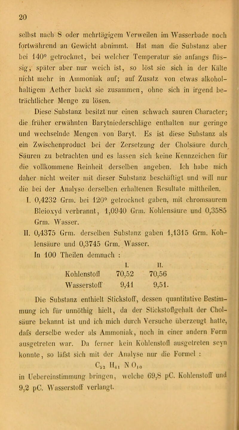 seihst nach 8 oder mehrtägigem Verweilen im Wasserbade noch fortwährend an Gewicht abnimmt. Hat man die Substanz aber bei 140° getrocknet, bei welcher Temperatur sie anfangs flüs- sig, später aber nur weich ist, so löst sie sich in der Kälte nicht mehr in Ammoniak auf; auf Zusatz von etwas alkohol- haltigem Aether backt sie zusammen, ohne sich in irgend be- trächtlicher Menge zu lösen. Diese Substanz besitzt nur einen schwach sauren Character; die früher erwähnten Barytniederschläge enthalten nur geringe und wechselnde Mengen von Baryt. Es ist diese Substanz als ein Zwischenproduct bei der Zersetzung der Cholsäure durch^ Säuren zu betrachten und es lassen sich keine Kennzeichen für die vollkommene Reinheit derselben angeben. Ich habe mich daher nicht weiter mit dieser Substanz beschäftigt und will nur die bei der Analyse derselben erhaltenen Resultate mittheilen. I. 0,4232 Grm. bei 120° getrocknet gaben, mit chromsaurein Bleioxyd verbrannt, 1,0940 Grm. Kohlensäure und 0,3585 Grm. Wasser. II. 0,4375 Grm. derselben Substanz gaben 1,1315 Grm. Koh- lensäure und 0,3745 Grm. Wasser. In 100 Theilen demnach : I. It. Kohlenstoll 70,52 70,56 Wasserstoff 9,41 9,51. Die Substanz enthielt Stickstoff, dessen quantitative Bestim- mung ich für unnöthig hielt, da der Stickstoflgehalt der Chol- säure bekannt ist und ich mich durch Versuche überzeugt hatte, dafs derselbe weder als Ammoniak, noch in einer andern Form ausgetreten war. Da ferner kein Kohlenstoll ausgetreten seyn konnte, so läfst sich mit der Analyse nur die Formel : C,. IR, NO,„ in Uebereinstimmung bringen, welche 69,8 pC. Kohlenstoff und 9,2 pC. VA assersloir verlangt.