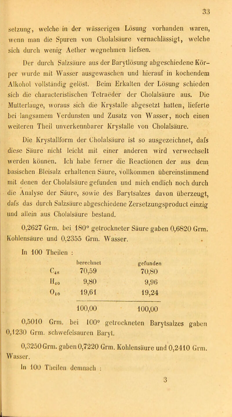 selzung, welche in der wässerigen Lösung vorhanden waren, wenn man die Spuren von Cholalsäure vernachlässigt, welche sich durch wenig Aether wegnehinen liefsen. Der durch Salzsäure aus der ßaryllösung abgeschiedene Kör- per wurde mit Wasser ausgewaschen und hierauf in kochendem Alkohol vollständig gelöst. Beim Erkalten der Lösung schieden sich die characteristischen Tetraeder der Cholalsäure aus. Die Jlulterlauge, woraus sich die Krystalle abgesetzt hatten, lieferte bei langsamem Verdunsten und Zusatz von Wasser, noch einen weiteren Theil unverkennbarer Krystalle von Cholalsäure. Die Krystallform der Cholalsäure ist so ausgezeichnet, dafs diese Säure nicht leicht mit einer anderen wird verwechselt werden können. Ich habe ferner die Reactionen der aus dem basischen Bleisalz erhaltenen Säure, vollkommen übereinstimmend mit denen der Cholalsäure gefunden und mich endlich noch durch die Analyse der Säure, sowie des Barytsalzes davon überzeugt, I dafs das durch Salzsäure abgeschiedene Zersetzungsproduct einzig I und allein aus Cholalsäure bestand. I 0,2627 Grm. bei 180® getrockneter Säure gaben 0,6820 Grm. I Kohlensäure und 0,2355 Grm. Wasser. In 100 Theilen C4R berechnet 70,59 gefunden 70,80 H40 9,80 9,96 0|0 19,61 19,24 100,00 100,00 0,5010 Grm. bei 100® getrockneten Barytsalzes gaben ( 0,1230 Grm. schwefelsauren Baryt. 0,3250Grm. gaben 0,7220 Grm. Kohlensäure und 0,2410 Grm. ^ Wasser. ln 100 Theileii demnach : 3