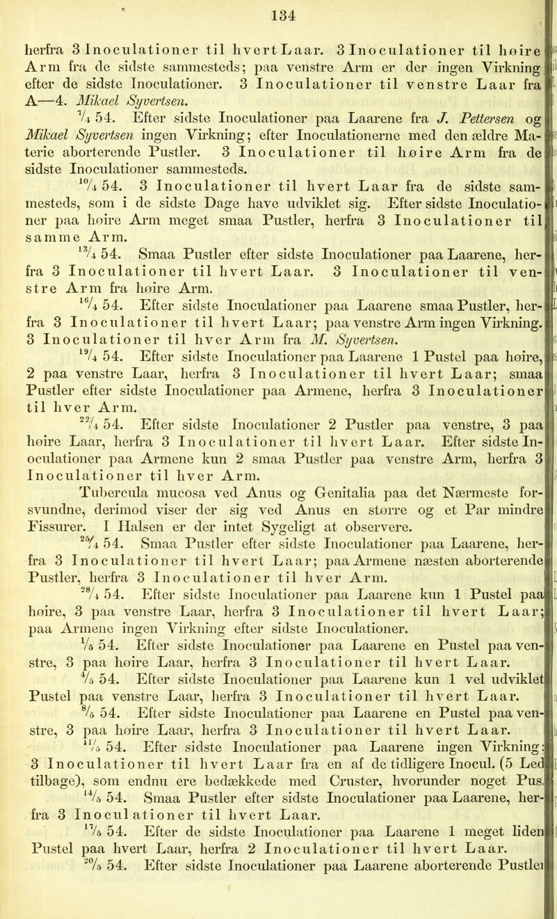 herfra 3 Inoculationer til hvertLaar. 3 Inoculationer til høire 8 Arm fra de sidste sammesteds; paa venstre Arm er der ingen Virkning efter de sidste Inoculationer. 3 Inoculationer til venstre Laar fra A—4. Mikael Syvertsen. i V* 54. Efter sidste Inoculationer paa Laarene fra J. Pettersen og Mikael Syvertsen ingen Virkning; efter Inoculationerne med den ældre Ma- terie aborterende Pustler. 3 Inoculationer til høire Arm fra de sidste Inoculationer sammesteds. x% 54. 3 Inoculationer til hvert Laar fra de sidste sam- mesteds, som i de sidste Dage have udviklet sig. Efter sidste Inoculatio- ner paa hoire Arm meget smaa Pustler, herfra 3 Inoculationer til; samme Arm. 13A 54. Smaa Pustler efter sidste Inoculationer paa Laarene, her- fra 3 Inoculationer til hvert Laar. 3 Inoculationer til ven- stre Arm fra høire Arm. 164 54. Efter sidste Inoculationer paa Laarene smaa Pustler, her- fra 3 Inoculationer til hvert Laar; paa venstre Arm ingen Virkning. 3 Inoculationer til hver Arm fra M. Syvertsen. 19/*i 54. Efter sidste Inoculationer paa Laarene 1 Pustel paa hoire, n 2 paa venstre Laar, herfra 3 Inoculationer til hvert Laar; smaa Pustler efter sidste Inoculationer paa Armene, herfra 3 Inoculationer til hver Arm. i 22U 54. Efter sidste Inoculationer 2 Pustler paa venstre, 3 paa ; hoire Laar, herfra 3 Inoculationer til hvert Laar. Efter sidste In- oculationer paa Armene kun 2 smaa Pustler paa venstre Arm, herfra 3 Inoculationer til hver Arm. Tubercula mucosa ved Anus og Genitalia paa det Nærmeste for- svundne, derimod viser der sig ved Anus en større og et Par mindre Fissurer. I Halsen er der intet Sygeligt at observere. 25/± 54. Smaa Pustler efter sidste Inoculationer paa Laarene, her- fra 3 Inoculationer til hvert Laar; paa Armene næsten aborterende Pustler, herfra 3 Inoculationer til hver Arm. I 28A 54. Efter sidste Inoculationer paa Laarene kun 1 Pustel paa l hoire, 3 paa venstre Laar, herfra 3 Inoculationer til hvert Laar; paa Armene ingen Virkning efter sidste Inoculationer. Vs 54. Efter sidste Inoculationer paa Laarene en Pustel paa ven- stre, 3 paa hoire Laar, herfra 3 Inoculationer til hvert Laar. 4/s 54. Efter sidste Inoculationer paa Laarene kun 1 vel udviklet i Pustel paa venstre Laar, herfra 3 Inoculationer til hvert Laar. % 54. Efter sidste Inoculationer paa Laarene en Pustel paa ven- 1 stre, 3 paa hoire Laar, herfra 3 Inoculationer til hvert La ar. nU 54. Efter sidste Inoculationer paa Laarene ingen Virkning; 3 Inoculationer til hvert Laar fra en af de tidligere Inocul. (5 Led i tilbage), som endnu ere bedækkede med Cruster, hvorunder noget Pus, j u4 54. Smaa Pustler efter sidste Inoculationer paa Laarene, her- fra 3 Inoculationer til hvert Laar. n/s 54. Efter de sidste Inoculationer paa Laarene 1 meget liden Pustel paa hvert Laar, herfra 2 Inoculationer til hvert Laar. 2% 54. Efter sidste Inoculationer paa Laarene aborterende Pustlei