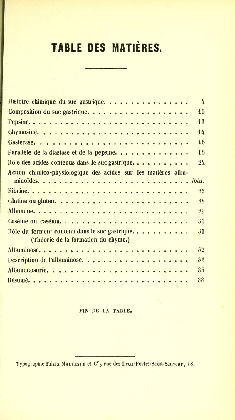 TABLE DES MATIERES Histoire chimique du suc gastrique 4 Composition du suc gasirique * 10 Pepsine 31 Chymosine. . . 14 Gasterase 16 Parallèle de la diastase et de la pepsine 18 Rôle des acides contenus dans le suc gastrique . . . 24 Action chimico-physiologique des acides sur les matières albu- minoïdes ibid. Fibrine 25 Glutine ou gluten Albumine» Caséine ou caséum Rôle du ferment contenu dans le suc gastrique, (Théorie de la formation du chyme.) Albuminose Description de l’albuminose. . Albuminosurie . . . . Résumé 28 29 30 31 32 Où 35 38 FIN DE LA TABLE. Typographie Félix Malteste et Ce, rue des Deux-Portes-Saint-Sauveur, 18.