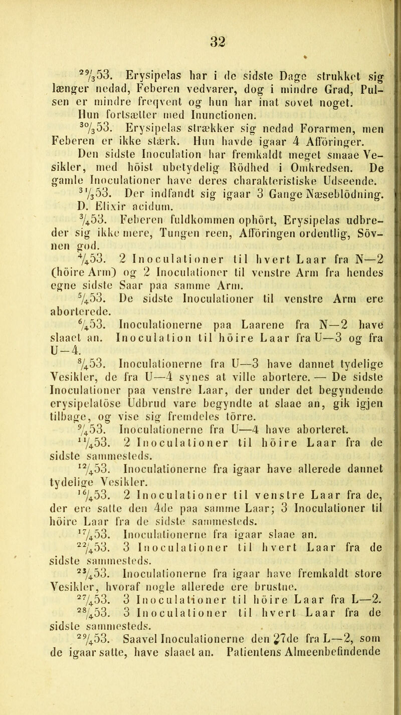 29/353. Erysipelas har i de sidste Dage strukkct sig længer nedad, Feberen vedvarer, dog i mindre Grad, Pul- sen er mindre freqvent og hun har inat sovel noget. Hun fortsætter med Inunctionen. 3%53. Erysipelas strækker sig nedad Forarmen, men Feberen er ikke stærk. Hun havde igaar 4 Afforinger. Den sidste Inoculation har fremkaldt meget smaae Ve- sikler, med hoist ubetydelig Rodhed i Omkredsen. De gamle Inoculationer have deres charakteristiske Udseende. 3r/353. Der indfandt sig igaar 3 Gange Næseblodning. D. Elixir acidum. 3/453. Feberen fuldkommen ophort, Erysipelas udbre- der sig ikke mere, Tungen reen, Afforingen ordentlig, Sov- nen god. 4/453. 2 Inoculationer til hvert La ar fra N—2 (hoire Arm) og 2 Inoculationer til venstre Arm fra hendes egne sidste Saar paa samme Arm. 5/453. De sidste Inoculationer til venstre Arm ere aborterede. 6/453. Inoculationerne paa Laarene fra N—2 have slaaet an. Inoculation til hoire Laar fra U—3 og fra U —4. 8/453. Inoculationerne fra U—3 have dannet tydelige Vesikler, de fra U—4 synes at ville abortere. — De sidste Inoculationer paa venstre Laar, der under det begyndende erysipelatose Udbrud vare begyndte at slaae an, gik igjen tilbage, og vise sig fremdeles torre. 9/453. Inoculationerne fra U—4 have aborteret. 1 V4.53. 2 Inoculationer til hoire Laar fra de sidste sammesteds. i2/453. Inoculationerne fra igaar have allerede dannet tydelige Vesikler. i6/453. 2 Inoculationer til venstre Laar fra de, der ere satte den 4de paa samme Laar; 3 Inoculationer til hoire Laar fra de sidste sammesteds. I7/453. Inoculationerne fra igaar slaae an. 22/453. 3 Inoculationer til hvert Laar fra de sidste sammesteds. 23/453. Inoculationerne fra igaar have fremkaldt store Vesikler, hvoraf nogle allerede ere brustne. 27/45 3. 3 Inoculationer til hoire La ar fra L—2. 28/453. 3 Inoculationer til hvert Laar fra de sidste sammesteds. 29/453. Saavel Inoculationerne den £7de fra L—2, som de igaar satte, have slaaet an. Patientens Almeenbefindende