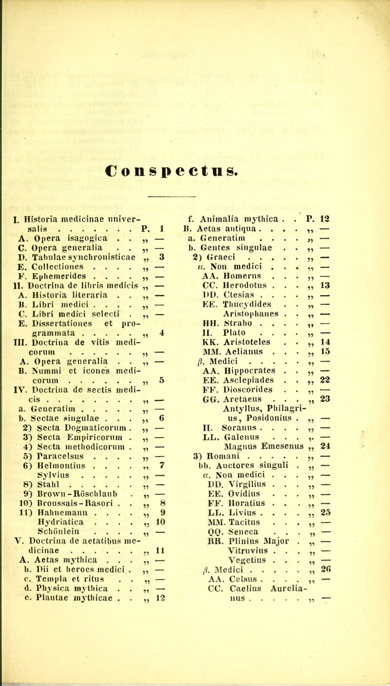 Conspectus I. Historia medicinae univer- salis A. Opera isagogica . . C. Opera generalia . . D. Tabulae synclironisticae E. Collectiones .... E. Ephemerides .... II. Doctrina de libris medicis A. Historia literaria . . 11. Libri medici .... C. Libri medici selecti . E. Dissertationes et pro- grammata III. Doctrina de vitis medi- corum A. Opera generalia . . B. Nummi et icones medi- corum IV. Doctrina de sectis medi- cis a. Generatiin 1). Sectae singulae . . . 2} Secta Dogmaticorum . 3^ Secta Empiricorum . 4) Secta methodicorum . 5} Paracelsiis .... 6) Helmontius .... Sylvius P. 9? 99 99 99 99 99 99 99 99 99 99 99 99 99 99 99 99 99 99 99 99 99 83 Stahl 93 Brown-Rdschlaub 103 Broussais-Rasori . . 113 Hahnemann .... Hydriatica .... Schdnlein .... V. Doctrina de aetatibus me- dicinae A. Aetas mythica . . . b. Dii et heroes medici . c. Templa et ritus . . d. Physica mythica . . c. Plantae mjthicae . . 99 99 99 99 99 99 99 99 99 99 99 f. Animalia mythica . . P. 12 1 B. Aetas antiqua .... 99 — — a. Generatim .... 99 — — b. Gentes singulae . . 99 — 3 2) Graeci 99 — — (C. Non medici . . . 99 — — AA. Homerus . . . 99 — — CC. Herodotus . . . 99 13 — DD. Ctesias .... 99 — — EE. Thucydides . . 99 — — Aristophanes . . 99 — HH. Strabo .... 9» — 4 11. Plato .... 99 — KK. Aristoteles . . 99 14 — MM. Aelianus . . . 99 15 — /3. Medici 99 — AA. Hippocrates . . 99 — 5 EE. Asclepiades . . 99 22 FF. Dioscorides . . 99 ■— GG. Aretaeus . . . 99 23 — Antyllus, Philagri- 6 iis, Posidonius . 99 — — II. Soranus .... 99 — — LL. Galenus . . . 9* — — Magnus Emesenus 99 24 — 33 Romani 99 — 7 bb. Auctores singuli . 99 — — CC, Non medici . . . 99 — — DD. Virgilius . . . 99 — — EE. Ovidius . . . 99 — 8 FF. Horatius . . . 99 — 9 LL. Livius .... 99 25 10 MM. Tacitus . . . 99 — — 00. Seneca . . . 99 — RR. Plinius Major . 99 — 11 Vitruvius . . . 99 — .— Vegetius . . . 99 — —■ /3. Medici 99 26 — AA. Celsus .... 95 — — CC. Caelius Aurelia 12 nus —