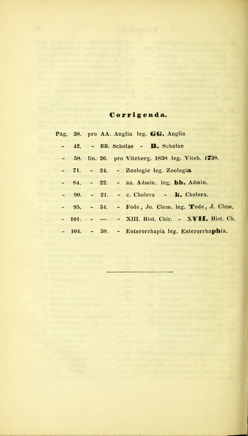 Corrigenda. Pag. 38. pro AA. Anglia leg. OCr. Angi ia - 42. BB. Scholae - IS. Scholae - 58. lin. 26. pro Viteberg. 1838 leg. Viteb. IS’38. - 71. - 24. - Zoologie leg. Zoologia - 84. - 22. - aa. Adinin. leg. IblU. Adniin. 90. - 21. - c. Cholera - K. Cholera. - 95. - 34. - Fode, Jo. Clein. leg. Tode, J. Clem. - 101. - — - XIII. Hist. Chir. - XVII. Hist. Ch.