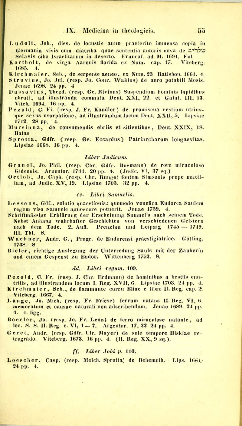 Ludolf, Job., diss. de locustis anno praeterito immensa copia in Germania visis cum diatriba quae sententia aiitoris nova de Selavis cibo Israclitarum in deserto. Francof. ad M. 1694. Fol. Kortiioit, de virga Aaronis llorida ex Nuin. cap. 17. Viteberg. 16H5. 4. Kirchmaier, Seb., de serpente aeneo, ex Num. 23 Ratisbon. 1661. 4. Struvius, Jo. Jul. Ccesp. Jo. Conr. Wakius) de auro potabili Mosis. Jenac 1698. 24 pp. 4 Dassovius, Tlieod. Cccsp. Ge. Rivinus) Suspendium bomiiiis Iapidibus ol)ruti, ad illustranda commata Deut. XXI, 22. et Galat, 111, 13 Viteb. 1694. 16 pp. 4. Pexold, C. Fi. (resp. J. Fr. Kandler) de promiscua vestium utrius- qiie sexus usurpatione, ad illustrandum locum Dent. XXll, 5. Lipsiae 1712. 28 pp. 4. Mursinna, de consumendis ebriis et sitientibus, Deut. XXIX, 18. Halae Sprotta, Gdfr. (resp. Ge, Eccardus) Patriarcharum longaevitas. Lipsiac 1668. 16 pp. 4. Liber Judicum. GraucI, .Jo. Phil. (resp. Chr, Gdfr. llusmaniO de rore miraculoso Gideonis. Arjjentor. 1744. 20 pp. 4. (Judic. VI, 37 sq.) Ortlol), Jo. Chph- (resp. ('-br. Runge) fotiterii tSimsonis prope inaxil- lam, ad Judic, XV, 19. Lipsiae 1703. 32 pp. 4. cc. Libri Samuelis. Lesseus, Gdf,, solutio quaestionis: quomodo venefica Endorea Saniem regem viso Samuele agnos(;ere potuerit, .lenae 1759. 4. Sclirittmassige Erkiaruiig der Erscheiiiung Samuers nach seinem Tode. Nebst Anhang wahrhaftcr Geschichten von verschiedenen Geistern nach dem Tode. 2. Aufl. PreiiKlau und Leipzig 1745 — 1749. III. Thl. 8. VVaehner, Andr. G., Progr, de Endorensi praestigiatrice. Gdtting, 1738. 8. Bicler, richtige Auslegung der Unterredung Sauls mit der Zaubcriiii und einem Gespenst zu Endor. Wittenberg 1752. 8. dih Libri regum. 109. Pezold, C. Fr. (resp. .J, Chr. Erdmann) de hominibus a bestiis enu- tritis, ad illustrandum locum I. Reg. XVII, 6. Lipsiae 1703. 24 pp. 4. Kirchmaier, Seb., de flammante curru Eliae e libro II. Reg. cap. 2. Viteberg. 1667. 4. Lange, Jo. Midi. (resp. Fr. Friese) ferrum natans II. Reg. VI, 6. memoratum et causae naturali non adscribeiidum. Jenae 1689. 24 pp. 4. c. figg. Boeder, Jo. (resp. Jo. Fr. Lenz) de ferro miraculose natante, ad loc. S. S. II. Reg. c. VI, 1—7. Argentor. 17,22 24 pp. 4. Geret, Andr. (resp, Gdfr. Ulr. Ma3er) de sole tempore Hiskiae re- trogrado. Viteberg. 1673. 16 pp. 4. (II. Reg. XX, 9 sq.). ff. Liber Jobi p. 110. Loescher, Casp. (resp. Melch. Sprotta) dc Bchemoth. Lips. 1664,- 24 pp. 4.
