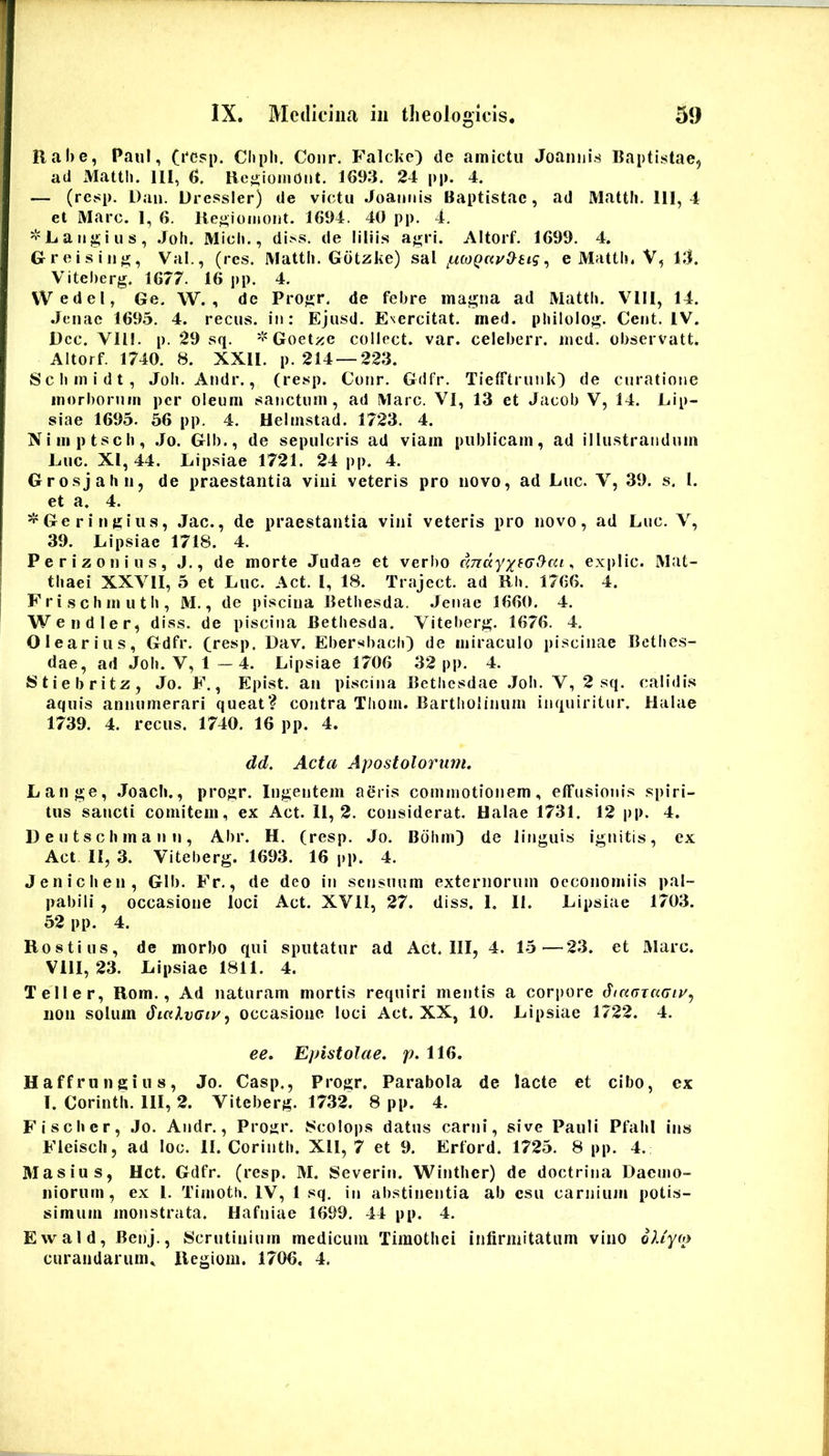Habe, Paul, (ccsp. Clipb. Coiir. Falcke) de amictu Joanui.s Baptistae, ad Mattii, lll, Hej^ioinOiit. 1693. 24 pp. 4. — (resp. l)au. Uressier) de victu JoaiHiis Baptistae, ad Mattii. 111,4 et Mare. 1, 6. lleoioinont. 1694. 40 pp. 4. ^'Laiigius, .loh. Midi., diss. de liliis aj^ri. Altorf. 1699. 4. Gr r e i s i 11, Val., (res. Mattii. Gotzke) sal ^u(0Qccy&8ig ^ e Mattii. V, 13. Vitelierg. 1677. 16 pp. 4. VVedeI, Ge. W. , de Proj^r. de febre magna ad Mattii. Vlll, 14. Jenac 1695. 4. recus. in: Ejuscl. Exercitat, med. pliilolog. Ceiit. IV. Dcc. Vlll. p. 29 sq. 'i'Goetxe collect. var. celeberr. mcd. observatt. Altorf. 1740. 8. XXll. p. 214—223. Sclimidt, Joli. Andr., (resp. Conr. Gdfr. Tietftrunk) de curatione morborum per oleum sanctum, ad Mare. VI, 13 et Jacob V, 14. Lip- siae 1695. 56 pp. 4. Heimstad. 1723. 4. Nimptsch, .Jo. GIb., de sepulcris ad viam publicam, ad illustrandum Luc. XI, 44. Lipsiae 1721. 24 pp. 4. Grosjahn, de praestantia vini veteris pro novo, ad Luc. V, 39. s. l. et a. 4. ^Geringius, Jac., de praestantia vini veteris pro novo, ad Luc. V, 39. Lipsiae 1718. 4. P e r i z 0 II i u s , J., de morte Jiidae et verbo , explic. Mat- thaei XXVll, 5 et Luc. Act. I, 18. Traject. ad Hli. 1766. 4. F r i s c h m u t li, M., de piscina Betliesda. .Jenae 1660. 4. Wendler, diss. de piscina Betliesda. Viteberg. 1676. 4. Olearius, Gdfr. C^esp. Dav. Ebersbaeb) de miraculo piscinae Betlies- dae, ad Joli. V, 1 — 4. Lipsiae 1706 32 pp. 4. Stiebritz, Jo. F., Epist. an piscina Betliesdae .Job. V, 2 sq. calidi.s aquis annumerari queat? contra Tliom. Bartholinum inquiritur. Halae 1739. 4. recus. 1740. 16 pp. 4. dd. Acta Apostolorum. Lange, Joacli., progr. Ingentem aeris commotionem, effusionis spiri- tus sancti comitem, ex Act. 11,2. considerat. Halae 1731. 12 pp. 4. D e n t s c h m a 11 u , Abr. H. (resp. Jo. Bdhm) de linguis ignitis, ex Act II, 3. Viteberg. 1693. 16 pp. 4. Jenichen, Glb. Fr., de deo in sensuum externorum oeconomiis pal- pabili , occasione loci Act. XVII, 27. diss. 1. II. Lipsiae 1703. 52 pp. 4. Hostilis, de morbo qui sputatur ad Act. III, 4. 15—23. et Mare. Vlll, 23. Lipsiae 1811. 4. Teli er, Hom., Ad naturam mortis requiri mentis a corpore diaoTCiGiy, non solum occasione loci Act. XX, 10. Lipsiae 1722. 4. ee. Epistolae, p. 116. Haffrungius, Jo. Casp., Progr. Parabola de lacte et cibo, cx 1. Corintli. III, 2. Viteberg. 1732. 8 pp. 4. Fi seber, Jo. Andr., Progr. 8colops datus carni, sive Pauli PfahI ins Fleiscli, ad loc. II. Corintli. XII, 7 et 9. Erford. 1725. 8 pp. 4. Masius, Hct. Gdfr. (resp. M. Severiii. Wintlier) de doctrina Daemo- niorum, ex 1. Timotli. IV, 1 sq. in abstinentia ab esu carnium potis- simum monstrata. Hafniae 1699. 44 pp. 4. Ewald, Benj., Scrutinium medicum Timothei infirmitatum vino d)Jy(<i curandarum, Hegiom. 1706. 4.