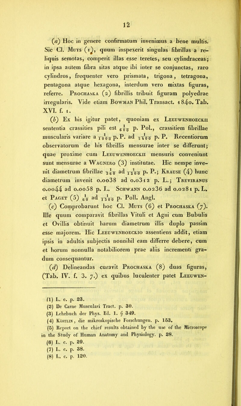 («) Hoc in genere confirmatum invenimus a bene multis. Sic Cl. Muys (i^), quum inspexerit singulas fibrillas a re- liquis semotas, comperit illas esse teretes, seu cylindraceas; in ipsa aiitem fibra sitas atque ibi inter se conjunctas, raro cylindros, frequenter vero prismata, trigona, tetragona, pentagona atque hexagona, interdum vero mixtas figuras, referre. Prochaska (2) fibrillis tribuit figuram polyedrae irregularis. Vide etiam Bowman Phil. Transact. i84o. Tab. XVI. f. 1. (F) Ex his igitur patet, quoniam ex Leeuwenhoeckii sententia crassities pili est p. Pol., crassitiem fibrillae muscularis variare a toVo^ p. P* ad 2 tot P* P« Recentiorum observatorum de his fibrillis mensurae inter se differunt; quae proxime cum Leeuwenhoeckii mensuris conveniunt sunt mensurae a Wagnero (3) institutae. Hic nempe inve- nit diametrum fibrillae 3^ ad T2W P* P»5 Krause (4) hunc diametrum invenit o.oo38 ad o.o3i2 p. L.; Treviranus o.oo44 ad o.oo58 p. L. Schwann o.o236 ad 0.0281 p. L. et Paget (5) 6V ad T1Vo P- Poli. Angi. (c) Comprobarunt hoc Cl. Muys (6) et Prochaska (7). Ille quum comparavit fibrillas Vituli et Agni cum Bubulis et Ovillis obtinuit harum diametrum illis duplo passim esse majorem. Hic Leeuwenhoeckio assentiens addit, etiam ipsis in adultis subjectis nonnihil eam differre debere, cum et horum nonnulla notabiliorem prae aliis incrementi gra- dum consequantur. (d) Delineandas curavit Prochaska (8) duas figuras, (Tab, IV. f. 3. 7.) ex quibus luculenter patet Leeuwen- fl) L. c. p. 23. (2) De Carne Musculari Tract. p. 30. (3) Lehrhuch der Phys. Ed. 1. § 349. (4) Kostlin, die mikroskopische Forschungen. p. 153. (5) Report on the chief results obtained by the use of the Microseope in the Study of Human Anatomy and Physiology. p. 28. (6) L. c. p. 29. (7) L. c. p. 38. (8) L. c. p. 120.