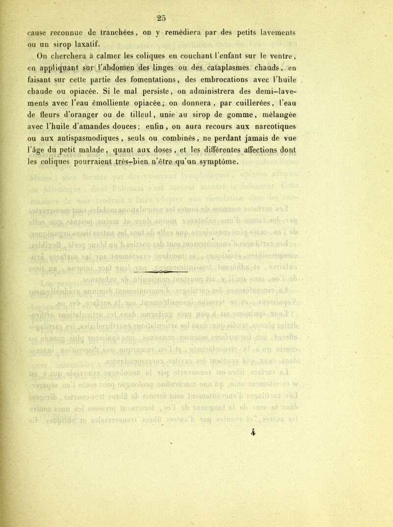 cause reconnue de tranchées, on y remédiera par des petits lavements ou un sirop laxatif. On cherchera à calmer les coliques en couchant l’enfant sur 1e ventre, en appliquant sur l’abdomen des linges ou des cataplasmes chauds, en faisant sur cette partie des fomentations, des embrocations avec l’huile chaude ou opiacée. Si le mal persiste, on administrera des demi-lave- ments avec l’eau émolliente opiacée; on donnera, par cuillerées, l’eau de fleurs d’oranger ou de tilleul, unie au sirop de gomme, mélangée avec l’huile d’amandes douces ; enfin, on aura recours aux narcotiques ou aux antispasmodiques, seuls ou combinés, ne perdant jamais de vue l’âge du petit malade, quant aux doses, et les dilFérentes affections dont les coliques pourraient très-bien n’être qu’un symptôme. 4