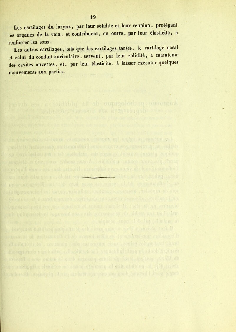 Les cartilages du larynx, par leur solidité et leur réunion, protègent les organes de la voix, et contribuent, en outre, par leur élasticité, à renforcer les sons. Les autres cartilages, tels que les cartilages tarses, le cartilage nasal et celui du conduit auriculaire, servent, par leur solidité, à maintenir des cavités ouvertes, et, par leur élasticité, à laisser exécuter quelques mouvements aux parties.