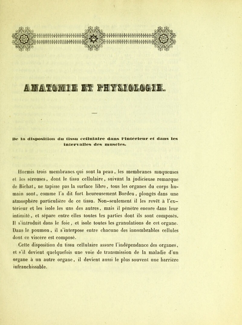 Do la disposition du tissu cellulaire dans l’intérieur et dans les intervalles des muscles» Hormis trois membranes qui sont la peau, les membranes muqueuses et les séreuses, dont le tissu cellulaire, suivant la judicieuse remarque de Bichat, ne tapisse pas la surface libre, tous les organes du corps hu- main sont, comme l’a dit fort heureusement Bordeu, plongés dans une atmosphère particulière de ce tissu. Non-seulement il les revêt à l’ex- térieur et les isole les uns des autres, mais il pénètre encore dans leur intimité, et sépare entre elles toutes les parties dont ils sont composés. Il s’introduit dans le foie, et isole toutes les granulations de cet organe. Dans le poumon, il s’interpose entre chacune des innombrables cellules dont ce viscère est composé. Cette disposition du tissu cellulaire assure l’indépendance des organes, et s’il devient quelquefois une voie de transmission de la maladie d’un organe à un autre organe, il devient aussi le plus souvent une barrière infranchissable.