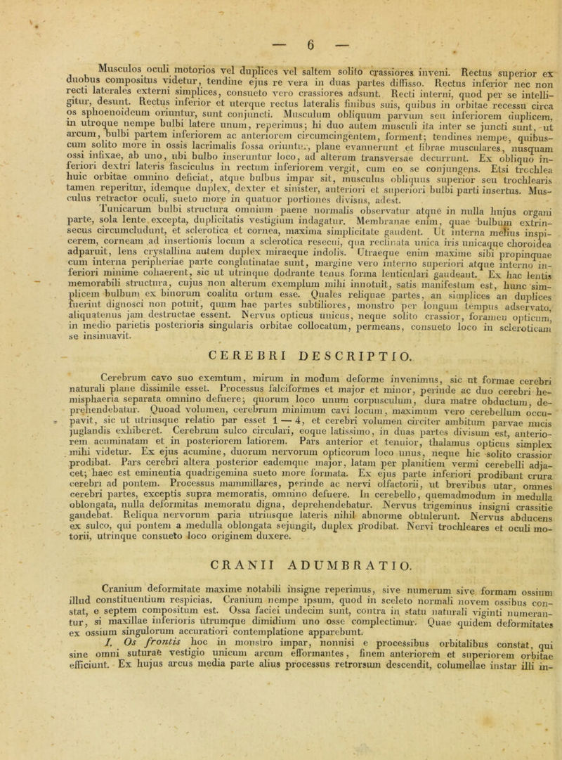 Musculos oculi motorios vel duplices vel saltem solito crassiores inveni. Rectus superior ex duobus compositus videtur, tendine ejus re vera in duas partes diffisso. Rectus inferior nec non recti laterales externi simplices, consueto vero crassiores adsunt. Recti interni, quod per se intelli- gitiu, desunt. Rectus inferior et uterque rectus lateralis finibus suis, quibus in orbitae recessu circa os splioenoideum oriuntur, sunt conjuncti. Musculum obliquum parvum seu inferiorem duplicem, in utroque nempe bulbi latere unum, reperimus; lii duo autem musculi ita inter se juncti sunt, ut arcum, bulbi partem inferiorem ac anteriorem circumcingentem, forment; tendines nempe, quibus- cum solito more m ossis lacrimalis fossa oriuntur, plane evanuerunt et fibrae musculares, nusquam ossi infixae, ab uno, ubi bulbo inseruntur loco, ad alterum transversae decurrunt. Ex obliquo in- feriori dextri lateris fasciculus in rectum inferiorem vergit, cum eo se conjungens. Etsi trochlea huic orbitae omnino deficiat, atque bulbus impar sit, musculus obliquus superior seu trochlearis tamen repentur, idemque duplex, dexter et sinister, anteriori et superiori bulbi parti insertus. Mus- culus retractor oculi, sueto more in quatuor portiones divisus, adest. 1 unicarum bulbi structura omnium paene normalis observatur atque in nulla hujus organi parte, sola lente excepta, duplicitatis vestigium indagatur. Membranae enim, quae bulbum extrin- secus circumcludunt, et sclerotica et cornea, maxima simplicitate gaudent. Ut interna melius inspi- cerem, corneam ad insertionis locum a sclerotica resecui, qua reclinata unica iris unicaque choroidea adparuit, lens crystallina autem duplex miraeque indolis. Utraeque enim maxime sibi propinquae cum interna peripheriae parte conglutinatae sunt, margine vero interno superiori atque interno in- feriori minime cohaerent, sic ut utrinque dodrante tenus forma lenticulari gaudeant. Ex hac lentis memorabili structura, cujus non alterum exemplum mihi innotuit, satis manifestum est, hunc sim- plicem bulbum ex binorum coalitu ortum esse. Quales reliquae partes, an simplices an duplices luerint dignosci non potuit, quum hae partes subtiliores, monstro per longum tempus adservato, aliquatenus jam destructae essent. Nervus opticus unicus, neque solito crassior, foramen opticum/, in medio parietis posterioris singularis orbitae collocatum, permeans, consueto loco in scleroticam se insinuavit. CEREBRI DESCRIPTIO. Cerebrum cavo suo exemtum, mirum in modum deforme invenimus, sic ut formae cerebri naturali plane dissimile esset. Processus falciformes et major et minor, perinde ac duo cerebri he- misphaeria separata omnino defuere; quorum loco unum corpusculum, dura matre obductum de- prehendebatur. Quoad volumen, cerebrum minimum cavi locum, maximum vero cerebellum occu- pavit, sic ut utriusque relatio par esset 1 — 4, et cerebri volumen circiter ambitum parvae nucis juglandis exhiberet. Cerebrum sulco circulari, eoque latissimo, in duas partes divisum est anterio- rem acuminatam et in posteriorem latiorem. Pars anterior et tenuior, thalamus opticus simplex mihi videtur. Ex ejus acumine, duorum nervorum opticorum loco unus, neque hic solito crassior prodibat. Pars cerebri altera posterior eademque major, latam per planitiem vermi cerebelli adja- cet; haec est eminentia quadrigemina sueto more formata. Ex ejus parte inferiori prodibant crura cerebri ad pontem. Processus mammillares, perinde ac nervi olfactorii, ut brevibus utar, omnes cerebri partes, exceptis supra memoratis, omnino defuere. In cerebello, quemadmodum in medulla oblongata, nulla deformitas memoratu digna, deprehendebatur. Nervus trigeminus insigni crassitie gaudebat. Reliqua nervorum paria utriusque lateris nihil abnorme obtulerunt. Nervus abducens ex sulco, qui pontem a medulla oblongata sejungit, duplex prodibat. Nervi trochleares et oculi mo- torii, utrinque consueto loco originem duxere. CRANII ADUMBRATIO. Cranium deformitate maxime notabili insigne reperimus, sive numerum sive formam ossium illud constituentium respicias. Cranium nempe ipsum, quod in sceleto normali novem ossibus con- stat, e septem compositum est. Ossa faciei undecim sunt, contra in statu naturali viginti numeran- tur, si maxillae inferioris utrumque dimidium uno osse complectimur. Quae quidem deformitates ex ossium singulorum accuratiori contemplatione apparebunt. I. Os frontis hoc in monstro impar, nonnisi e processibus orbitalibus constat, qui sine omni suturae vestigio unicum arcum efformantes, finem anteriorem et superiorem orbitae efficiunt. Ex hujus arcus media parte alius processus retrorsum descendit, columellae instar illi in-