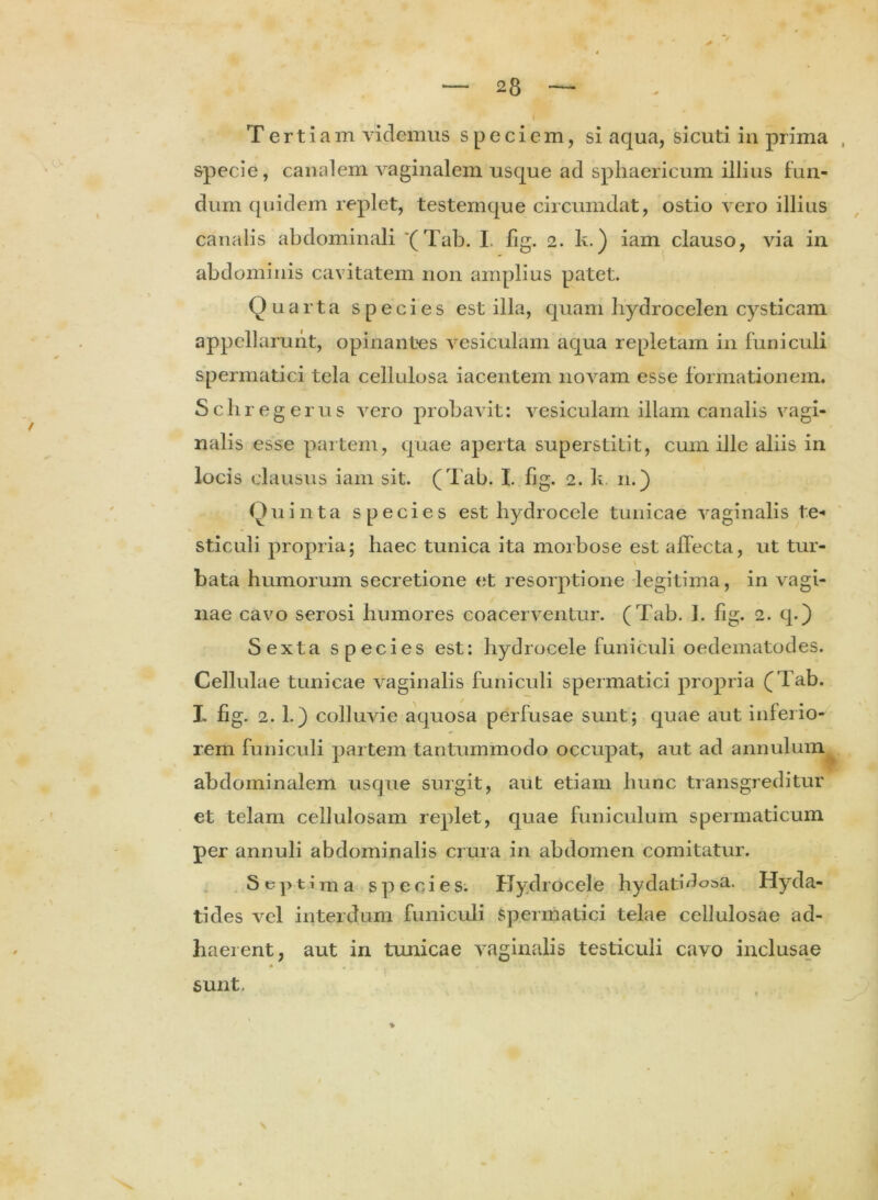 Tertiam videmus speciem, si aqua, sicuti in prima specie, canalem vaginalem usque ad sphaericum illius fun- dum quidem replet, testemque circumdat, ostio vero illius canalis abdominali '(Tab. I. fig. 2. k.) iam clauso, via in abdominis cavitatem non amplius patet. Quarta species est illa, quam hydrocelen cysticam appellarunt, opinantes vesiculam aqua repletam in funiculi spermatici tela cellulosa iacentem novam esse formationem. Scliregerus vero probavit: vesiculam illam canalis vagi- nalis esse partem, quae aperta superstitit, cum ille aliis in locis clausus iam sit. (Tab. I. fig. 2. k. n.) Quinta species est hydrocele tunicae vaginalis te- sticuli propria; haec tunica ita morbose est affecta, ut tur- bata humorum secretione et resorptione legitima, in vagi- nae cavo serosi humores coacerventur. (Tab. 1. fig. 2. q.) Sexta species est: hydrocele funiculi oedematodes. Cellulae tunicae vaginalis funiculi spermatici propria (Tab. I- fig. 2. 1.) colluvie aquosa perfusae sunt; quae aut inferio- rem funiculi partem tantummodo occupat, aut ad annulum abdominalem usque surgit, aut etiam hunc transgreditur et telam cellulosam replet, quae funiculum spermaticum per annuli abdominalis crura in abdomen comitatur. Septima species. Hydrocele hydatidosa. Hyda- tides vel interdum funiculi spermatici telae cellulosae ad- haerent, aut in tunicae vaginalis testiculi cavo inclusae sunt.