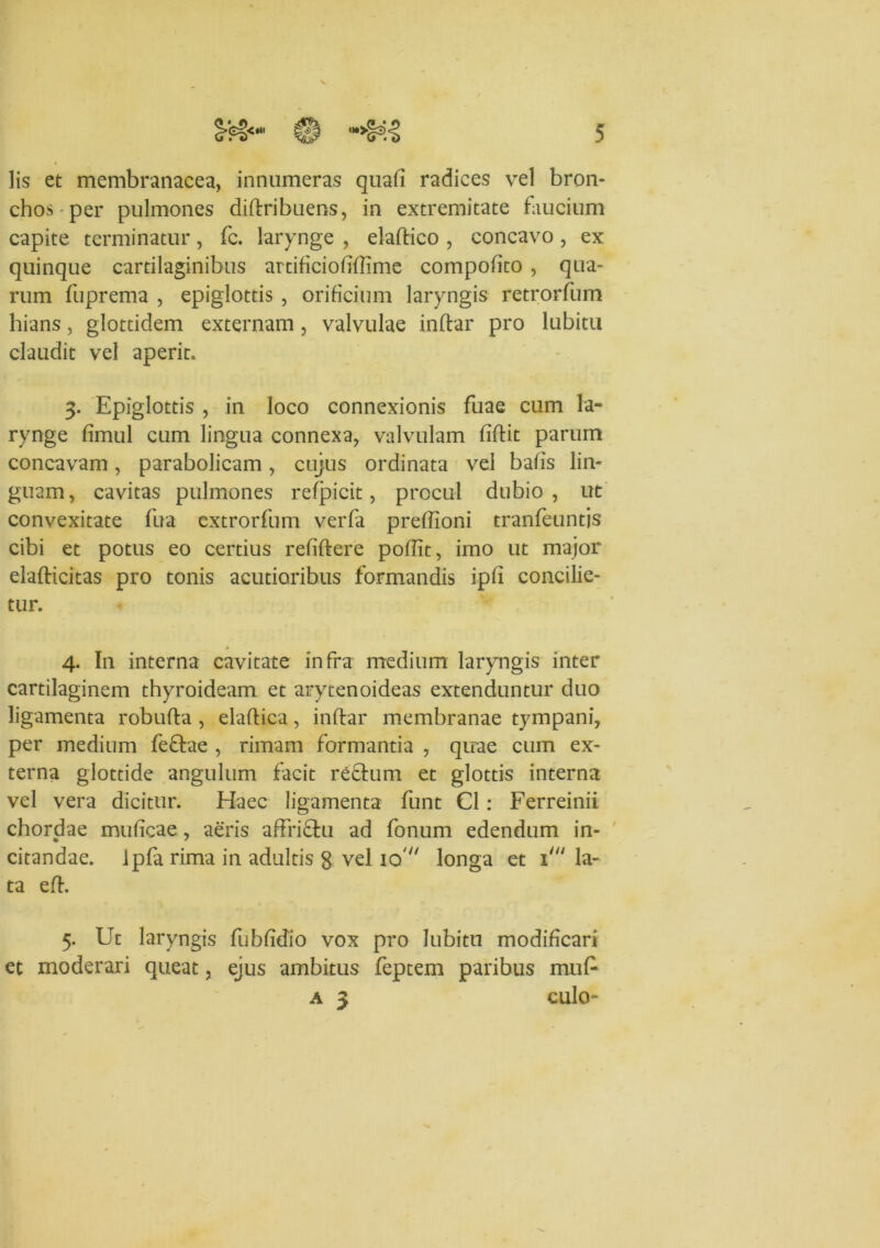 lis et membranacea, innumeras quali radices vel bron- chos per pulmones didribuens, in extremitate faucium capite terminatur, fc. larynge , eladico , concavo , ex quinque cartilaginibus artificiofiflime compohco , qua- rum fuprema , epiglottis , orificium laryngis retrorfum hians, glottidem externam, valvulae indar pro lubitu claudit vel aperit. 3. Epiglottis , in loco connexionis fuae cum la- rynge fimul cum lingua connexa, valvulam fidit parum concavam, parabolicam, cujus ordinata vel bafis lin- guam , cavitas pulmones refpicit, procul dubio , ut convexitate fua extrorfum verfa predioni tranfeuntjs cibi et potus eo certius relidere poffit, imo ut major eladicitas pro tonis acutioribus formandis ipll concilie- tur. 4 4. In interna cavitate infra medium laryngis inter cartilaginem thyroideam et arytenoideas extenduntur duo ligamenta robuda , eladica, indar membranae tympani, per medium fe&ae , rimam formantia , quae cum ex- terna glottide angulum facit reftum et glottis interna vel vera dicitur. Haec ligamenta fiint C1: Ferreinii chordae muficae, aeris affri&u ad fonum edendum in- citandae. ipfa rima in adultis $ vel 10' longa et 1' la- ta ed. 5. Ut laryngis fubfidio vox pro lubitu modificari et moderari queat, ejus ambitus feptem paribus muP a 3 culo-