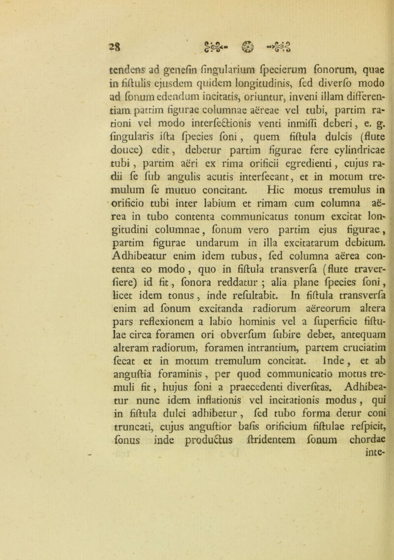 2S tendens ad genefin lingularium fpecierum fonorum, quae in fiftulis ejusdem quidem longitudinis, fed diverfo modo ad fimum edendum incitatis, oriuntur, inveni illam differen- tiam pattim figurae columnae aereae vel tubi, partim ra- tioni vel modo interfe&ionis venti inmifli deberi, e. g. lingularis ifta fpecies foni, quem fiftula dulcis (flute douce) edit, debetur partim figurae fere cylindricae tubi , partim aeri ex rima orificii egredienti, cujus ra- dii fe fub angulis acutis interfecant, et in motum tre- mulum fe mutuo concitant. Hic motus tremulus in orificio tubi inter labium et rimam cum columna ae- rea in tubo contenta communicatus tonum excitat lon- gitudini columnae, fonum vero partim ejus figurae, partim figurae undarum in illa excitatarum debitum. Adhibeatur enim idem tubus, fed columna aerea con- tenta eo modo , quo in fiftula transverfa (flute traver- fiere) id fit, fonora reddatur ; alia plane fpecies foni, licet idem tonus , inde refultabit. In fiftula transverfa enim ad fonum excitanda radiorum aereorum altera pars reflexionem a labio hominis vel a fuperficie fiftu- lae circa foramen ori obverfum fubire debet, antequam alteram radiorum, foramen intrantium, partem cruciatim fecat et in motum tremulum concitat. Inde, et ab anguftia foraminis , per quod communicatio motus tre- muli fit, hujus foni a praecedenti diverfitas. Adhibea- tur nunc idem inflationis vel incitationis modus , qui in fiftula dulci adhibetur, fed tubo forma detur coni truncati, cujus anguftior bafis orificium fiftulae refpicit, fonus inde producius ftridentem fonum chordae inte- y