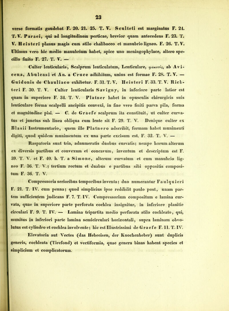 verse formatis gaudebat F. 20. 21. 25. T. V. Sculteti est marginatus F. 24. T. V. Paraei, qui ad longitudinem perticae, brevior quam antecedens F. 23. T. V. Heisteri planus magis cum stilo cbalibaceo et manubrio ligneo. F. 26. T. V. Ultimus vero hic medio manubrium habet, apice uno meningophylace, altero spe- cillo finito F. 27. T. V. — Culter lenticularis. Scalprum lenticulatum. Lenticulare, giaxuTog, ab Avi- cena, Abulcasi et An. a Cruce adhibitum, unius est formae F. 28. T. V. — Guidonis de Chauliaco exhibetur. F, 31. T. V. Heisteri F. 33. T. V. Ricli- teri F. 30. T. V. Culter lenticularis Savigny, in inferioi-e parte latior est quam in superiore F. 34. T. V. Platner habet in opusculis chirurgicis suis lenticulare forma scalpelli ancipitis convexi, in fine vero finiti parva pila, forma et magnitudine pisi. — C. de Graefe scalprum ita constituit, ut culter curva- tus et junctus sub linea obliqua cum lente sit F. 29. T. V. Denique culter ex B1 asii Instrumentario, quem ille Platnero adscribit, formam habet munimenti digiti, quod quidem munimentum ex una parte excisum est. F. 32. T. V. — Raspatoria sunt tria, adnumeratis duobus curvatis; nempe horum alterum ex diversis partibus et convexum et concavum, inventum et descriptum est F. 39. T. V. et F. 40. h. T. a Simone, alterum curvatum et cum manubrio lig- neo F. 36. T. V.; tertium rectum et duabus e partibus sibi oppositis composi- tum F. 36. T. V. Compressoria serioribus temporibus inventa; duo numerantur Faulquieri F. 21. T. IV. cum penna; quod simplicius ipse reddidit paulo post, unam par- tem sufficientem judicans F. 7. T. IV. Compressorium compositum e lamina cur- vata, quae in superiore parte perforata cochlea insignitur, in inferiore planitie circulari F. 9. T. IV. — Lamina tripartita medio perforata stilo cochleato, qui, munitus in inferiori parte lamina semicirculari horizontali, supra laminam obvo- lutus est cylindro et cochlea involvente; hic est Illustrissimi deClraefe F. 11. T. IV. Elevatoria aut Vectes (das Hebeeisen, der Knochenheber) sunt duplicis generis, cochleata (Tirefond) et vectiformia, quae genera binas habent species et simplicium et complicatorum.