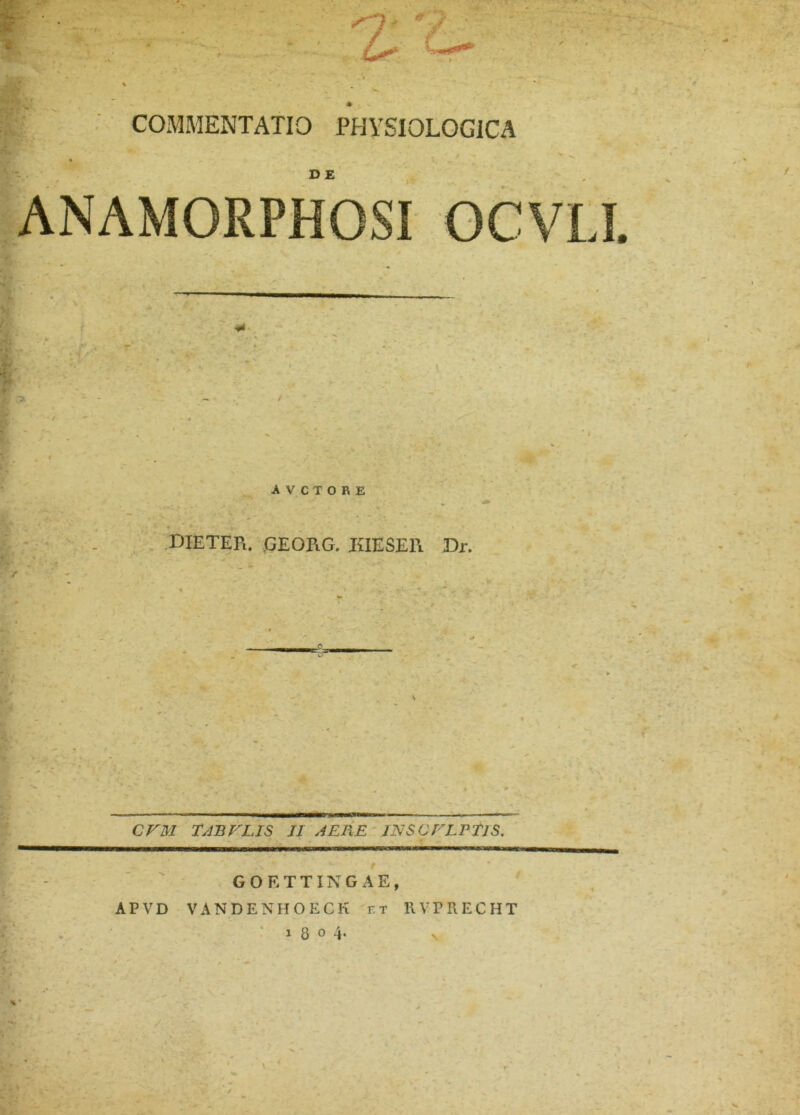 -fr. COMMENTATIO PHYSIOLOGICA D E ANAMORPHOSI OCVLI. % AVCTORE DIETER. GEORG. IiIESER Dr. CFM TABFLIS II AERE INSCFLETIS, GOETTINGAE, APVD VANDENHOECK et EVPRECHT