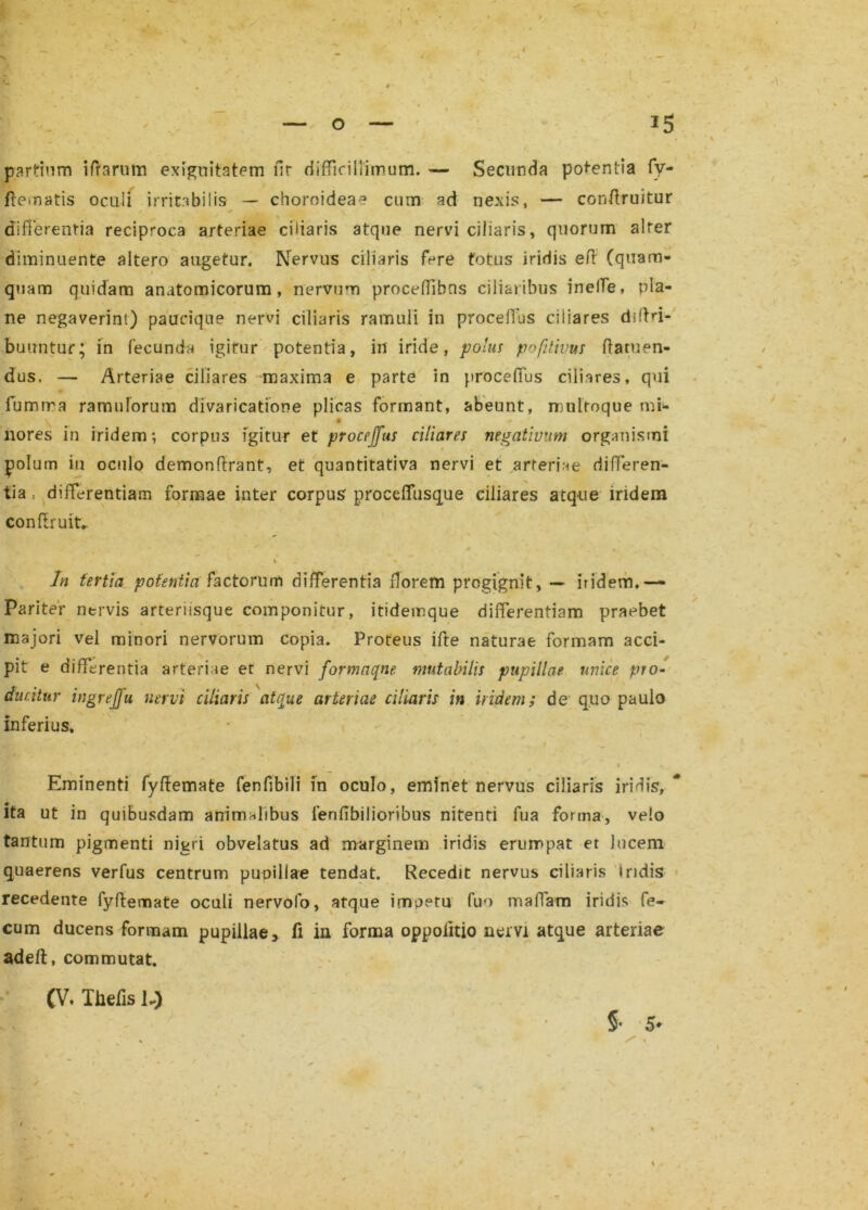 partium iftarum exiguitatem fit difficillimum. — Secunda potentia fy- ftematis oculi irritabilis — choroideae cum ad nexis, — conffruitur differentia reciproca arteriae cidaris atque nervi ciliaris, quorum alter diminuente altero augetur. Nervus ciliaris fere totus iridis eff (quam- quam quidam anatomicorum, nervum proceffibns ciliaribus ineffe, pla- ne negaverim) paucique nervi ciliaris ramuli in proceffus ciliares dsffri- buuntur; in fecunda igitur potentia, in iride, polus po/itivus ffatuen- dus. — Arteriae ciliares maxima e parte in proceffus ciliares, qui fu mira ramulorum divaricatione plicas formant, abeunt, multoque mi- nores in iridem; corpus igitur et proceffus ciliares negativum organismi polum in oculo demonffrant, et quantitafiva nervi et arteriae differen- tia , differentiam formae inter corpus proceffusque ciliares atque iridem conffruit- i In tertia potentiaTactorum differentia florem progignit, — iridem.— Pariter nervis arteriisque componitur, itidemque differentiam praebet majori vel minori nervorum copia. Proteus ifte naturae formam acci- pit e differentia arteriae et nervi formnqne mutabilis pupillae unice pro- ducitur ingreffu nervi ciliaris atque arteriae ciliaris in iridem; de quo paulo inferius. ■ *> ♦ ^ ' t ' \ Eminenti fyffemate fenfibili in oculo, eminet nervus ciliaris iridis, * ita ut in quibusdam animalibus ienfibilioribus nitenti fua forma, velo tantum pigmenti nigri obvelatus ad marginem iridis erumpat et lucem quaerens verfus centrum puoillae tendat. Recedit nervus ciliaris indis recedente fyffemate oculi nervofo, atque impetu fuo maffam iridis fe- cum ducens formam pupillae, fi in forma oppofitio nervi atque arteriae adeft, commutat. (V. Thefis 1-) §• 5*