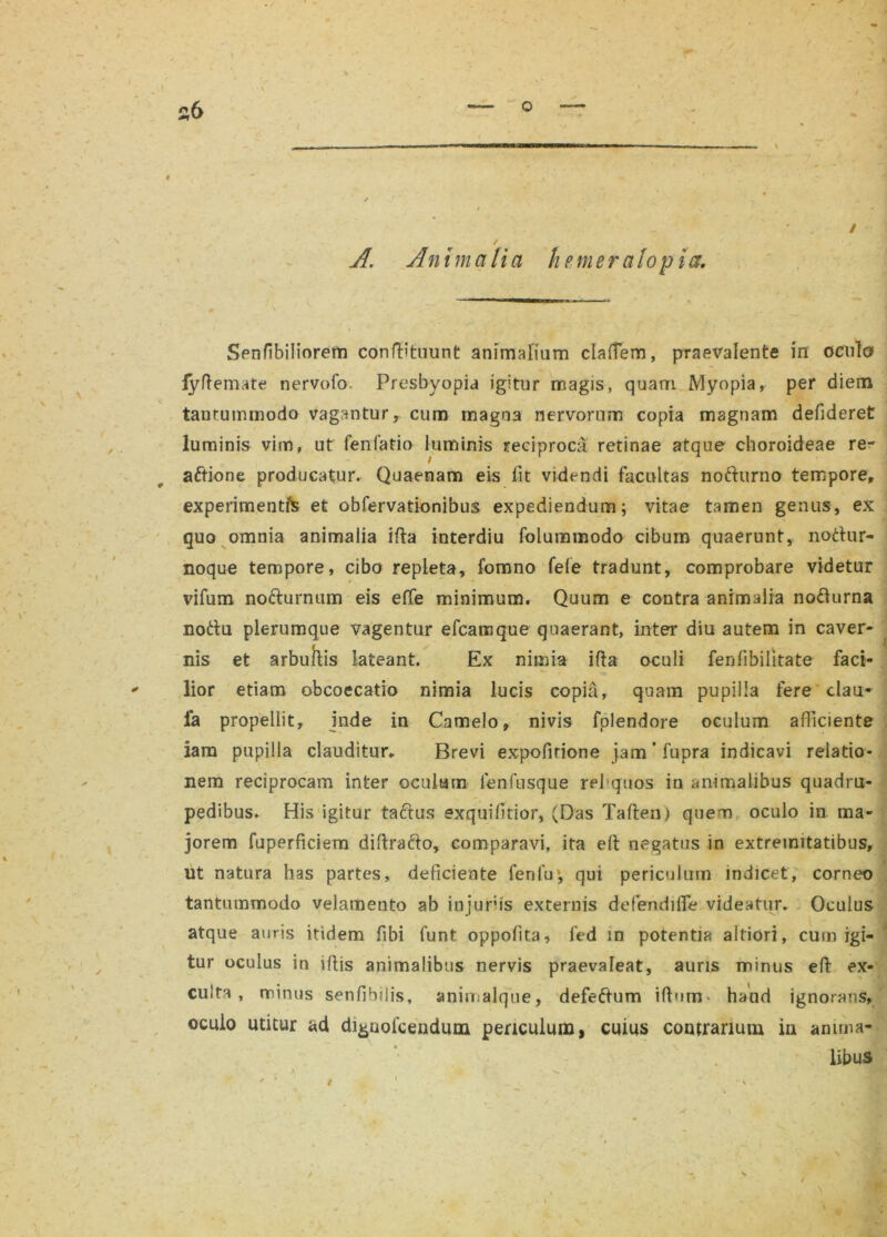 1 56 i A. Animalia h e m er alo pia. Senfibiliorem conftituunt animalium claffem, praevalente in oculo jyftemate nervofo. Presbyopia igitur magis, quam Myopia, per diem tantummodo vagantur, cum magna nervorum copia magnam defideret luminis vim, ut fenfatio luminis reciproca retinae atque choroideae re- aftione producatur* Quaenam eis fit videndi facultas nofturno tempore, experimentis et obfervationibus expediendum; vitae tamen genus, ex quo omnia animalia ifta interdiu folummodo cibum quaerunt, nottur- noque tempore, cibo repleta, fomno fele tradunt, comprobare videtur vifum no&urnum eis effe minimum» Quum e contra animalia no&urna nottu plerumque vagentur efcamque quaerant, inter diu autem in caver* nis et arbuftis lateant. Ex nimia ifta oculi fenfibilitate faci- lior etiam obcoecatio nimia lucis copia, quam pupilla fere clau- l*a propellit, inde in Camelo, nivis folendore oculum afficiente iam pupilla clauditur* Brevi expofirione janrCfupra indicavi relatio- nem reciprocam inter oculum lenfusque rel quos in animalibus quadru- pedibus* His igitur taftus exquifitior, (Das Tafteni quem oculo in ma- jorem fuperficiem diftra&o, comparavi, ita eff negatus in extremitatibus, ut natura has partes, deficiente feri fu*, qui periculum indicet, corneo tantummodo velamento ab injuriis externis defendifle videatur. Oculus atque auris itidem fibi funt oppofita, fed in potentia aitiori, cum igi- tur oculus in iftis animalibus nervis praevaleat, auris minus eff ex- culta , minus senfibilis, animalcfue, defeiftum iftum- haud ignorans, oculo utitur ad di^nolcendum periculum, cuius contrarium in anima- libus