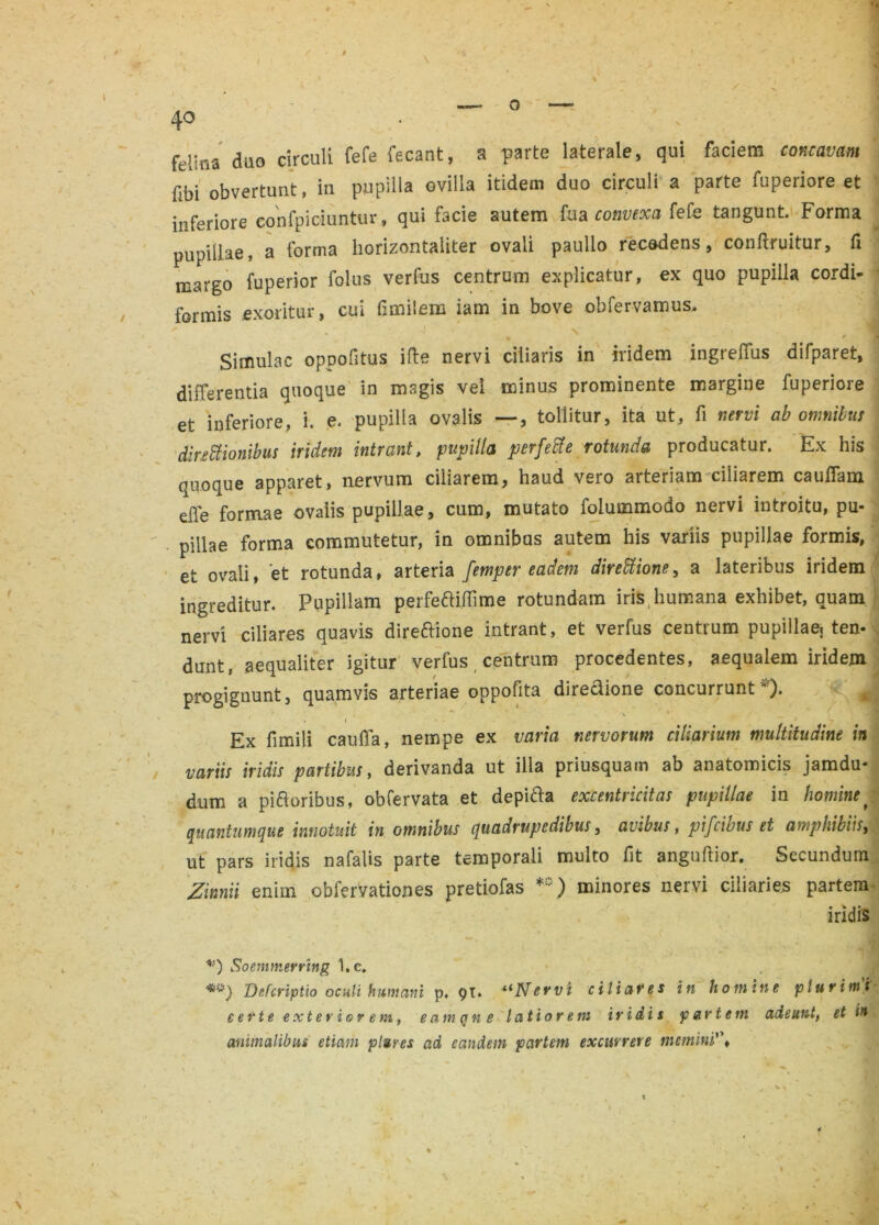 ftlirra duo circuli fefe fecant, a parte laterale, qui faciem concavam fbi obvertunt, in pupilla ovilla itidem duo circuli a parte fuperiore et inferiore eonfpiciuntur, qui facie autem fu a convexa fefe tangunt. Forma pupillae, a forma horizontaliter ovali paullo recedens, conftruitur, fi margo fuperior folus verfus centrum explicatur, ex quo pupilla cordi- formis exoritur, cui fimilem iam in bove obfervamus. N . ' 1 Simulae oppofitus ille nervi ciliaris in iridem ingreflus dilparet, differentia quoque in magis vel minus prominente margine fuperiore et inferiore, i. e. pupilla ovalis — , tollitur, ita ut, fi nervi ab omnibus directionibus iridem intrant, pupilla perfette rotunda producatur. Ex his quoque apparet, nervum ciliarem, haud vero arteriam ciliarem cauflam effe formae ovalis pupillae, cum, mutato folummodo nervi introitu, pu- pillae forma commutetur, in omnibus autem his variis pupillae formis, et ovali, et rotunda, arteria [emper eadem direffiione, a lateribus iridem ingreditur. Pupillam perfeftiffime rotundam iris humana exhibet, quam nervi ciliares quavis direftione intrant, et verfus centrum pupillae, ten- dunt, aequaliter igitur verfus centrum procedentes, aequalem iridem progignunt, quamvis arteriae oppofita direclione concurrunt ). A , * , ■ % ' _ Ex fimili cauli a, nempe ex varia nervorum ciliarium multitudine in variis iridis partibus, derivanda ut illa priusquam ab anatomicis jamdu- dum a piftoribus, obfervata et depifta excentricitas pupillae in homine f quantumque innotuit in omnibus quadrupedibus, avibus, pifeibus et amphibia, ut pars iridis nafalis parte temporali multo fit anguftior. Secundum Zinnii enim obfervationes pretiofas **) minores nervi ciliaries partem iridis v) Soemmerring l.c. **) Defcriptio oculi humani p. 9T. ‘‘Nervi ciliares in homine plurimi e er te exteriorem, eamqne latiorem iridis partem adeunt, et in animalibus etiam plures ad eandem partem excurrere memini'\ 1